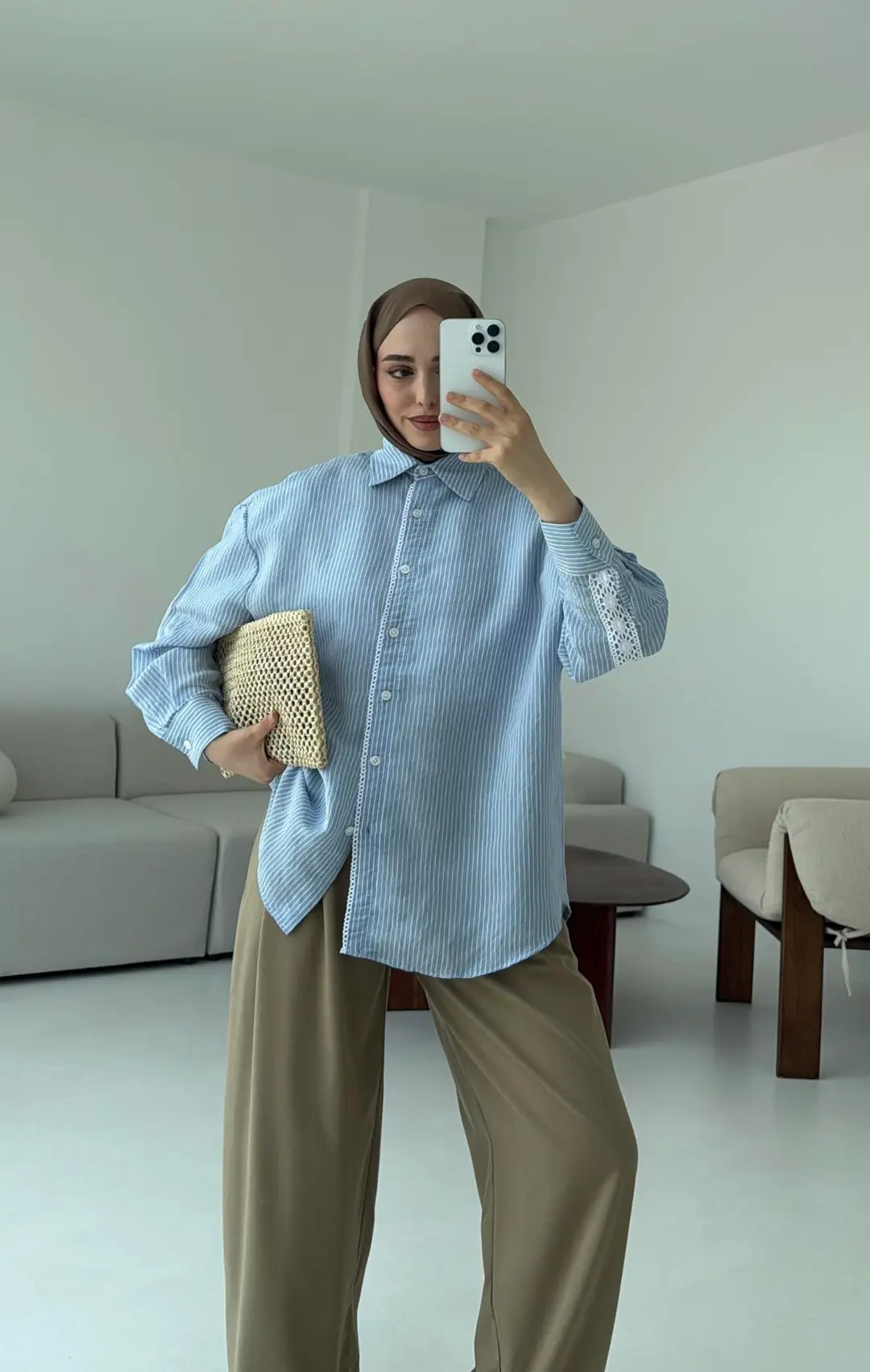 Çizgili Dantel Detay Gömlek Mavi - Görsel 5