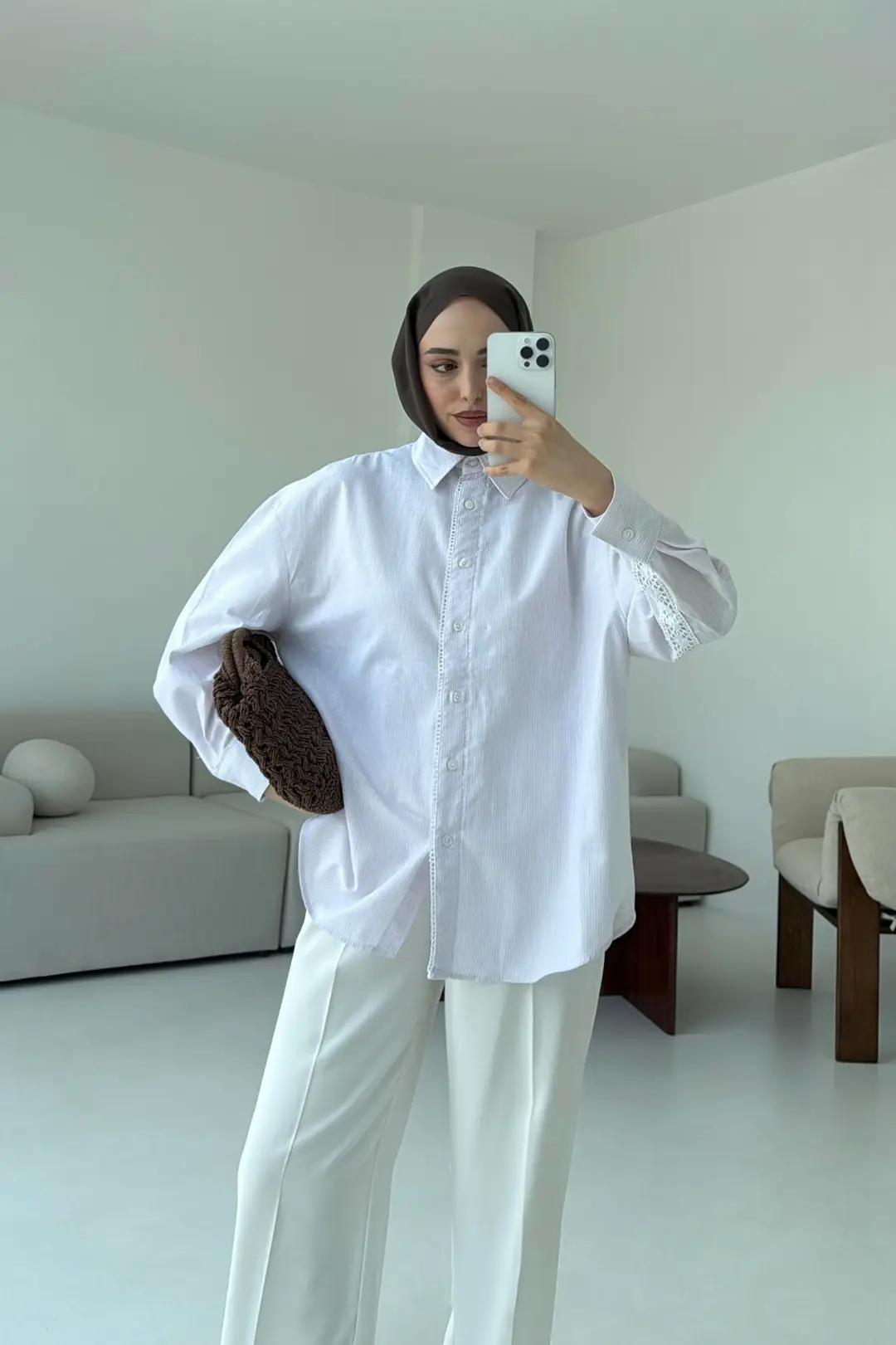 Çizgili Dantel Detay Gömlek Pembe - Görsel 2