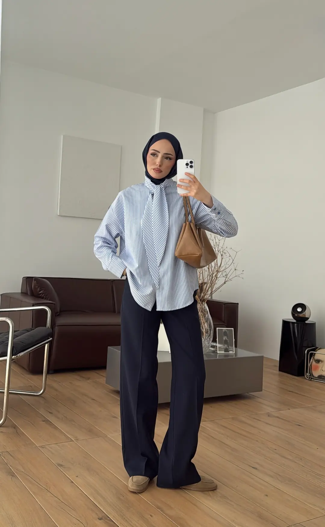 Çizgili Fular Detay Gömlek Mavi - Görsel 5