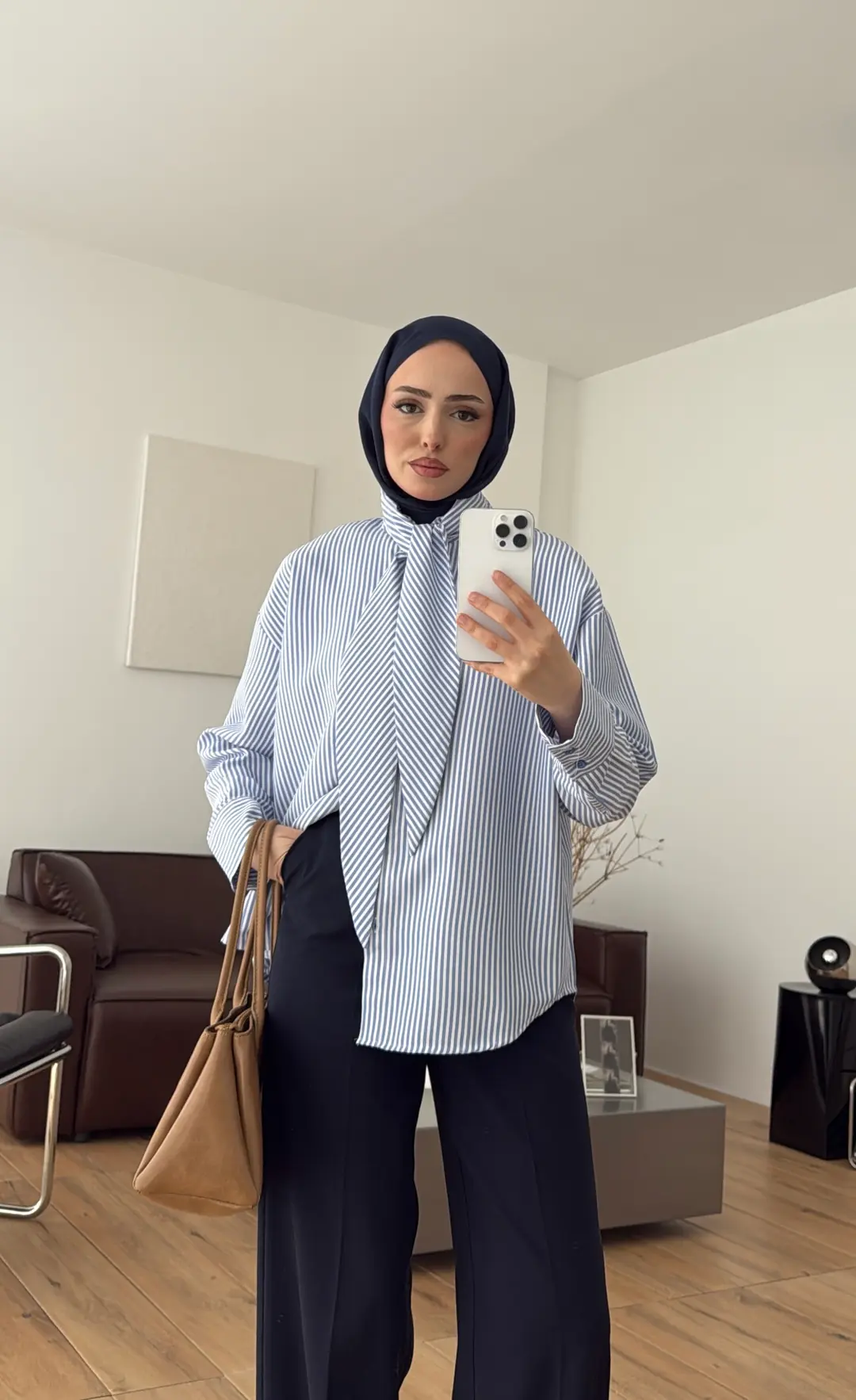 Çizgili Fular Detay Gömlek Mavi - Görsel 6