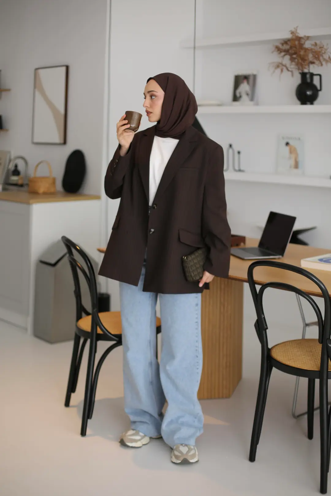 Çizgili Kahve Oversize Blazer Ceket - Görsel 4