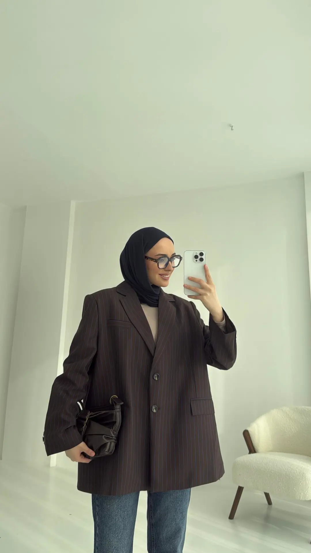 Çizgili Kahve Oversize Blazer Ceket