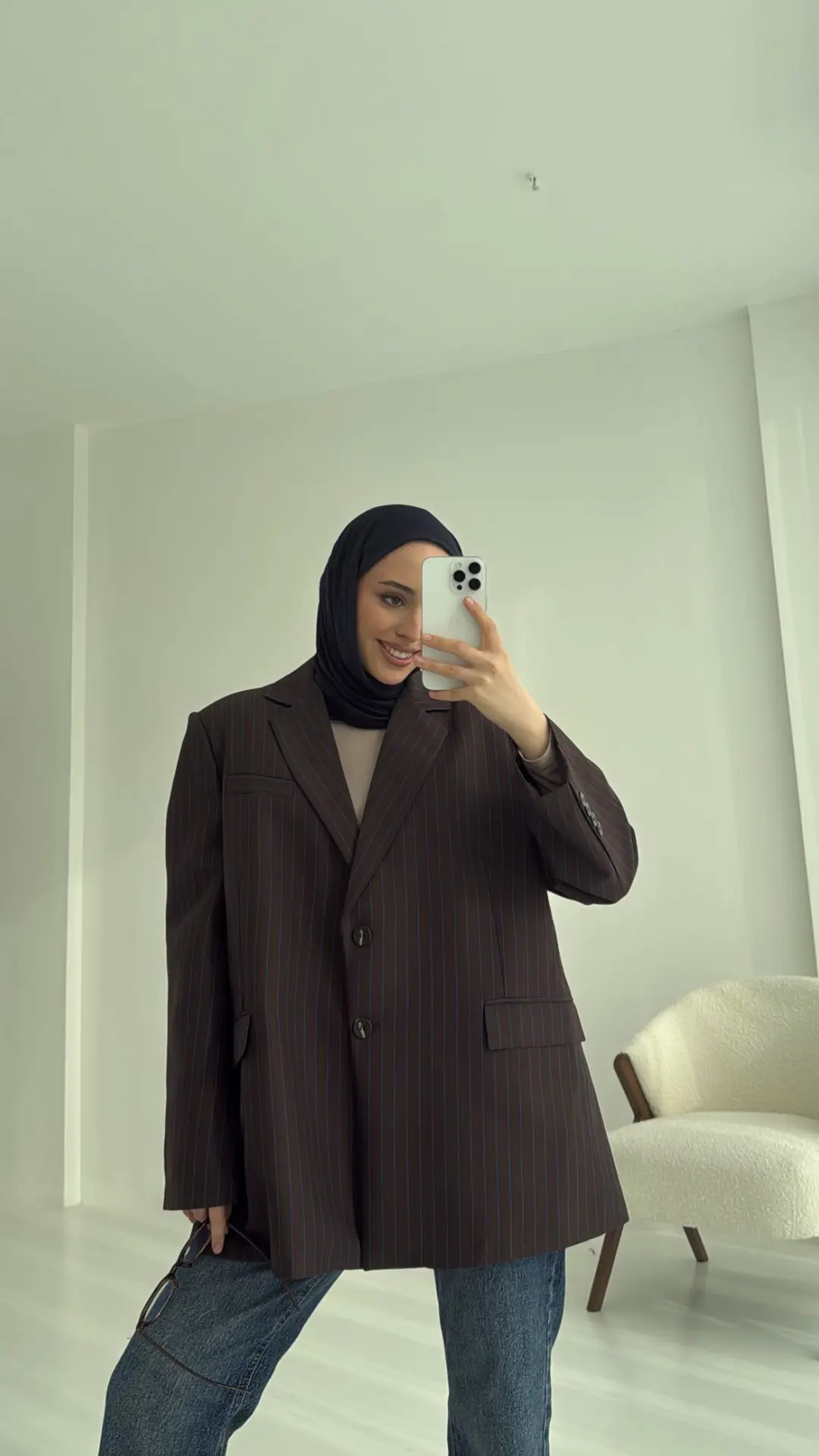 Çizgili Kahve Oversize Blazer Ceket - Görsel 2