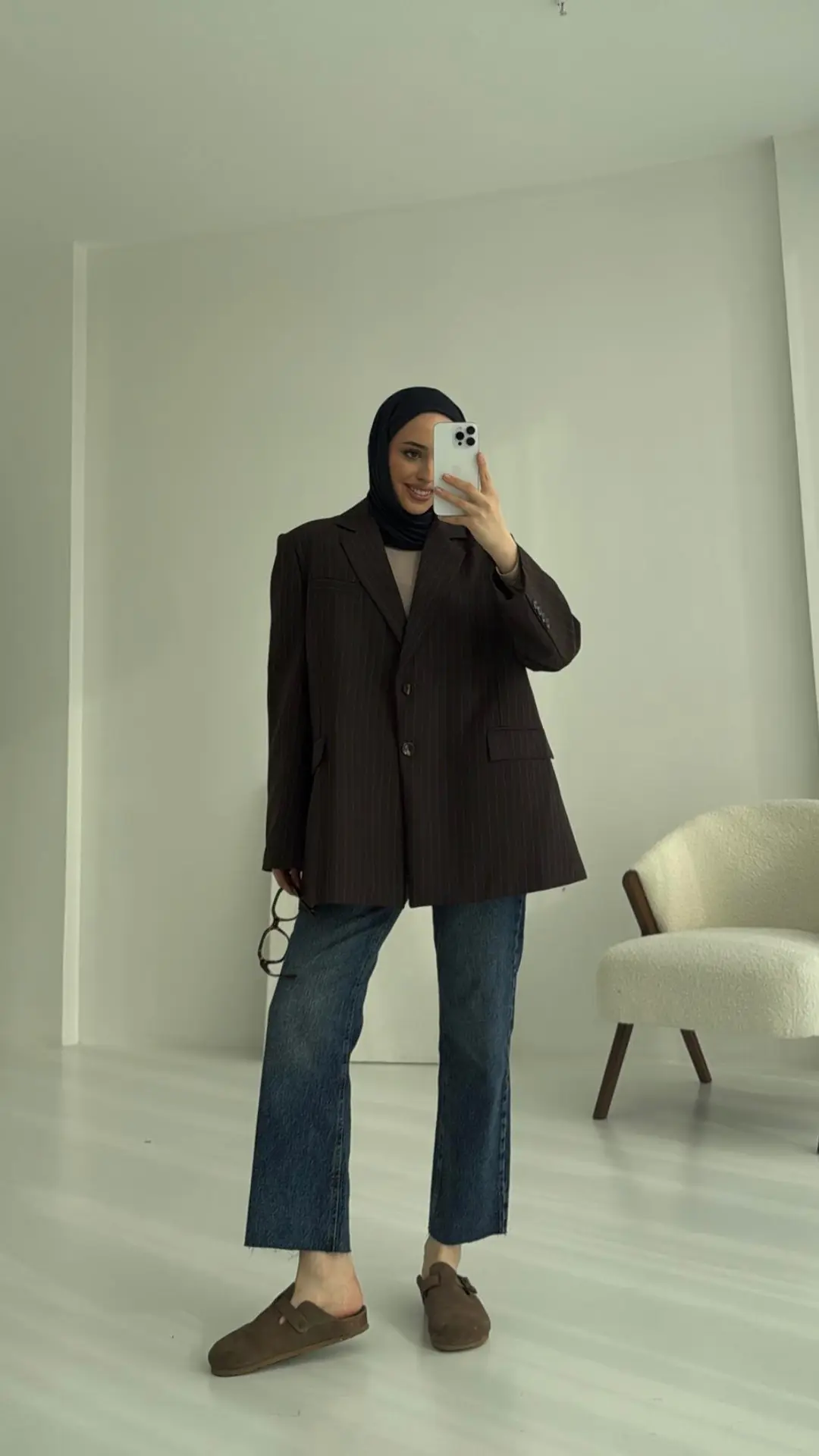 Çizgili Kahve Oversize Blazer Ceket - Görsel 3