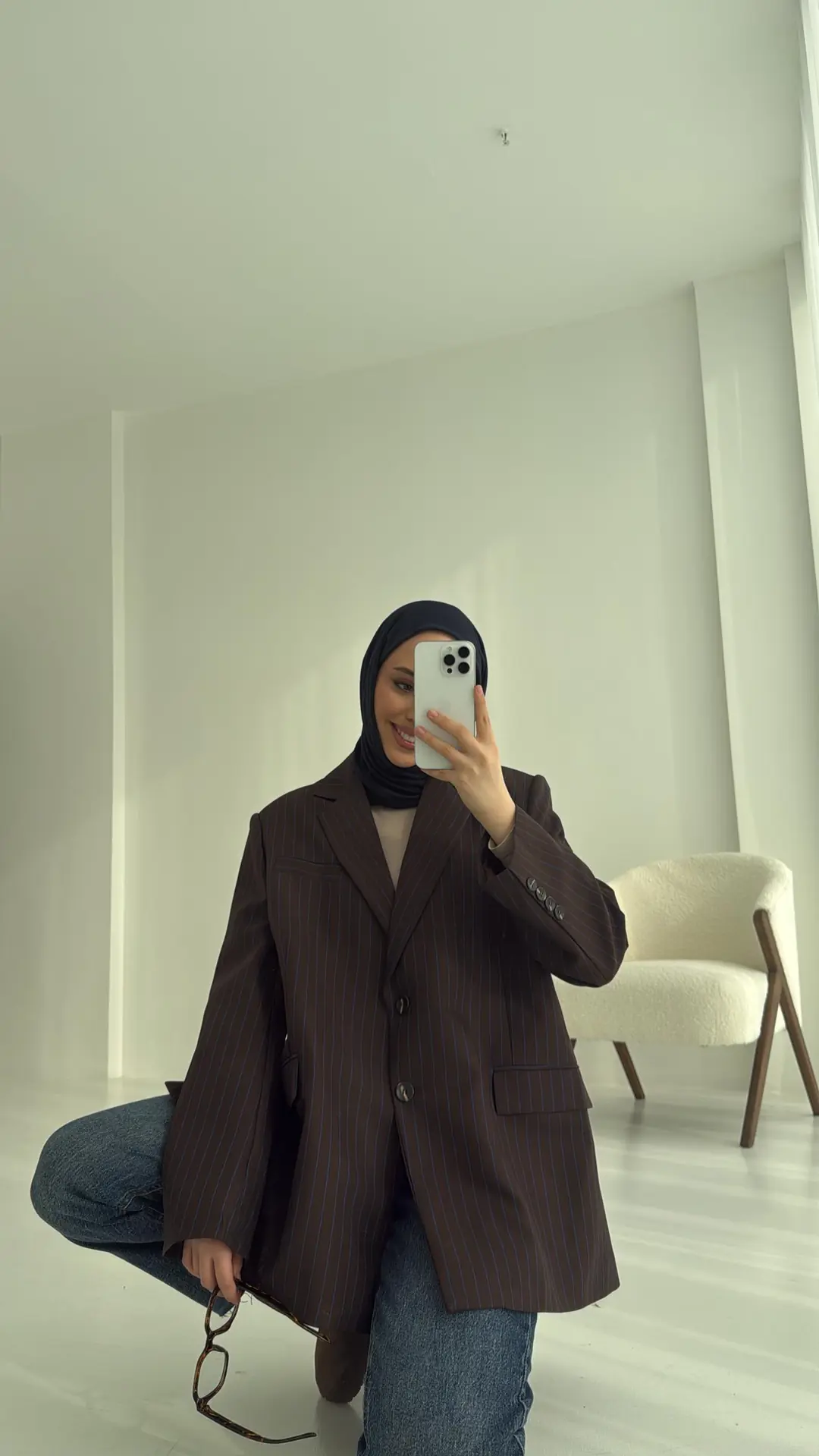 Çizgili Kahve Oversize Blazer Ceket - Görsel 4