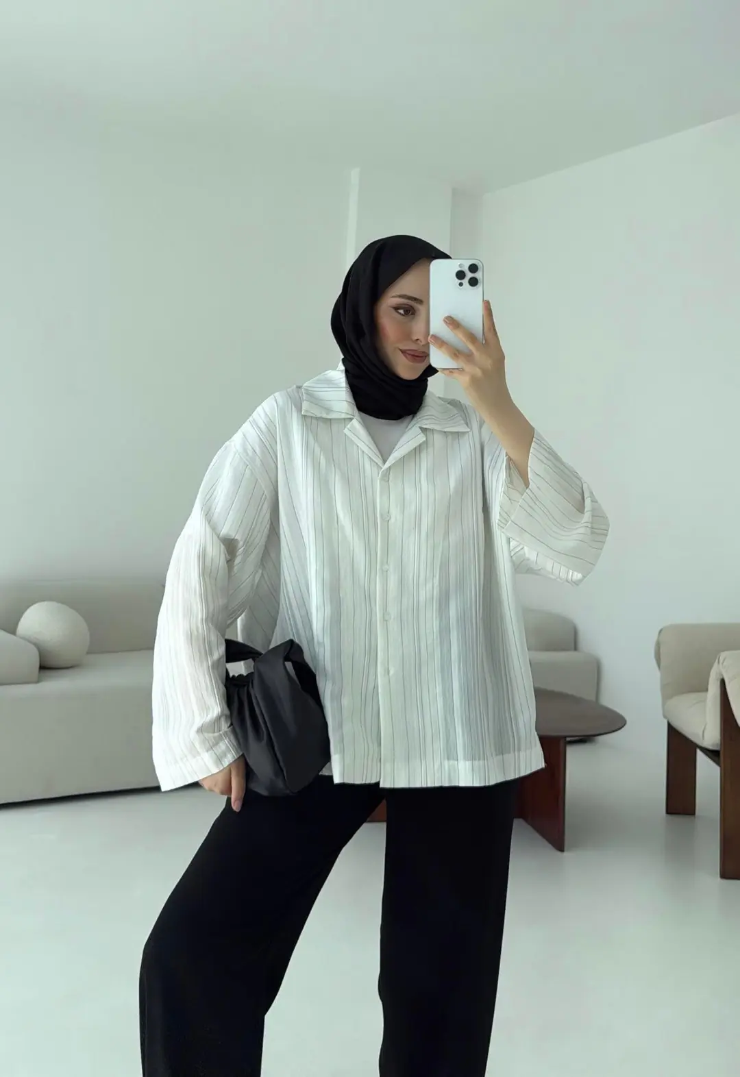 Çizgili Oversize Dökümlü Gömlek Beyaz - Görsel 6