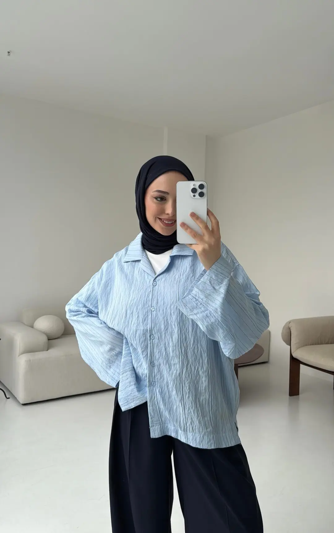 Çizgili Oversize Dökümlü Gömlek Mavi