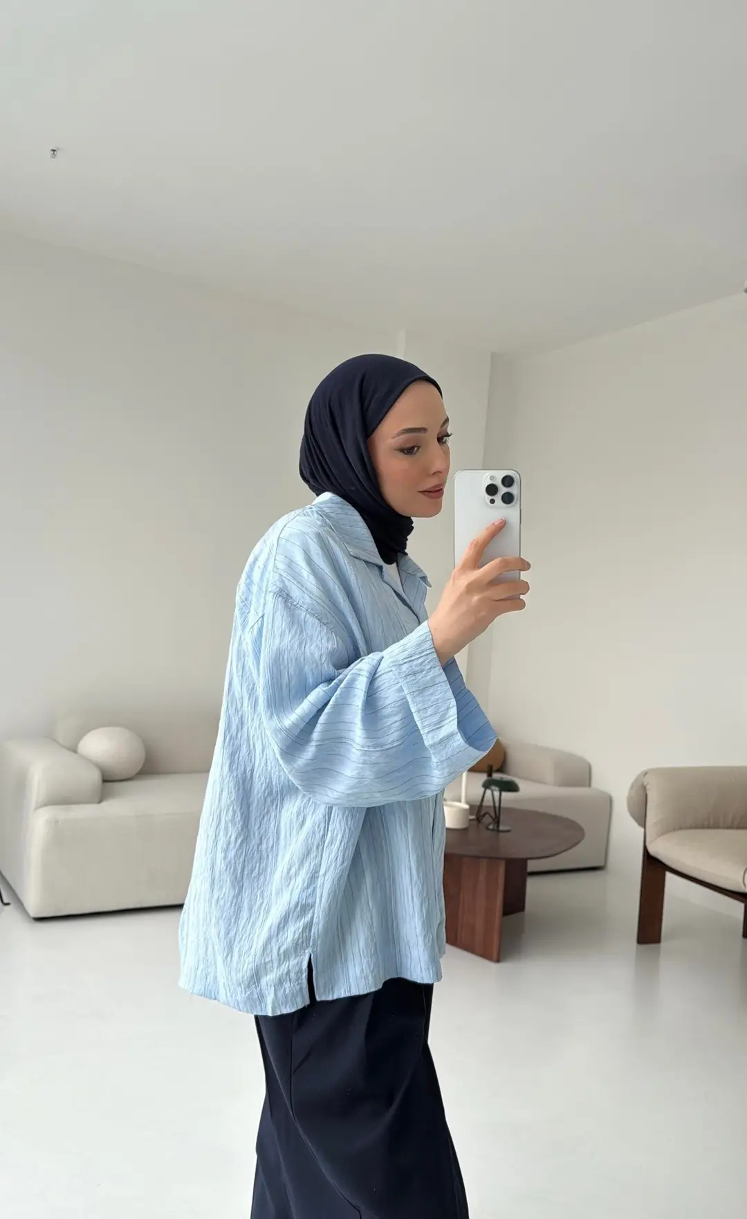 Çizgili Oversize Dökümlü Gömlek Mavi - Görsel 4