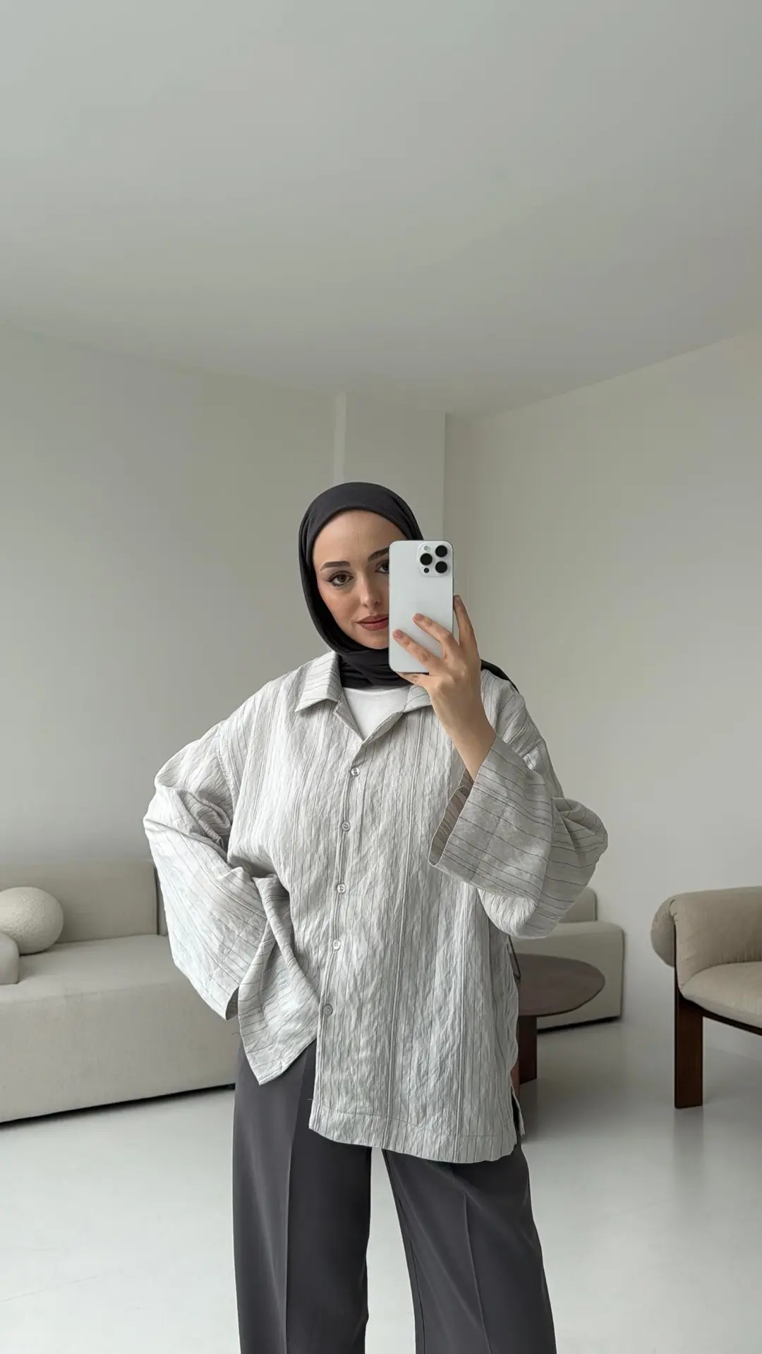 Çizgili Oversize Dökümlü Gömlek Taş - Görsel 4