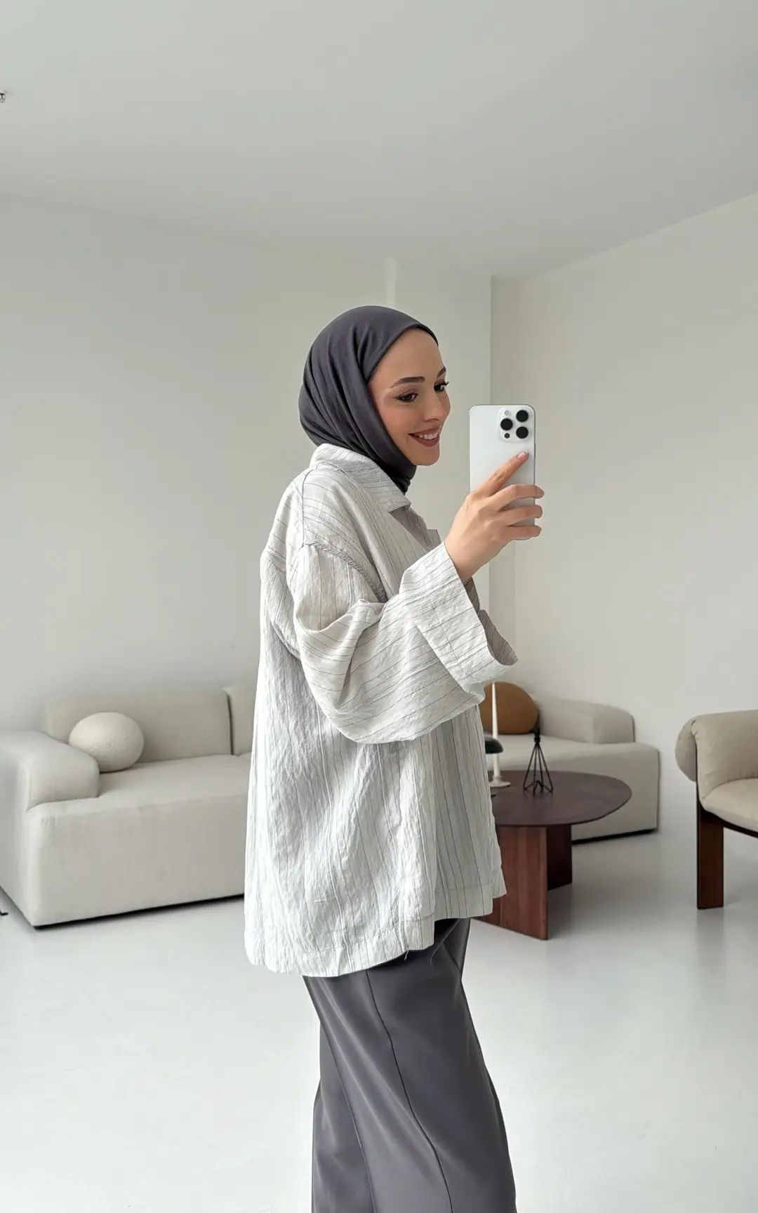 Çizgili Oversize Dökümlü Gömlek Taş - Görsel 5