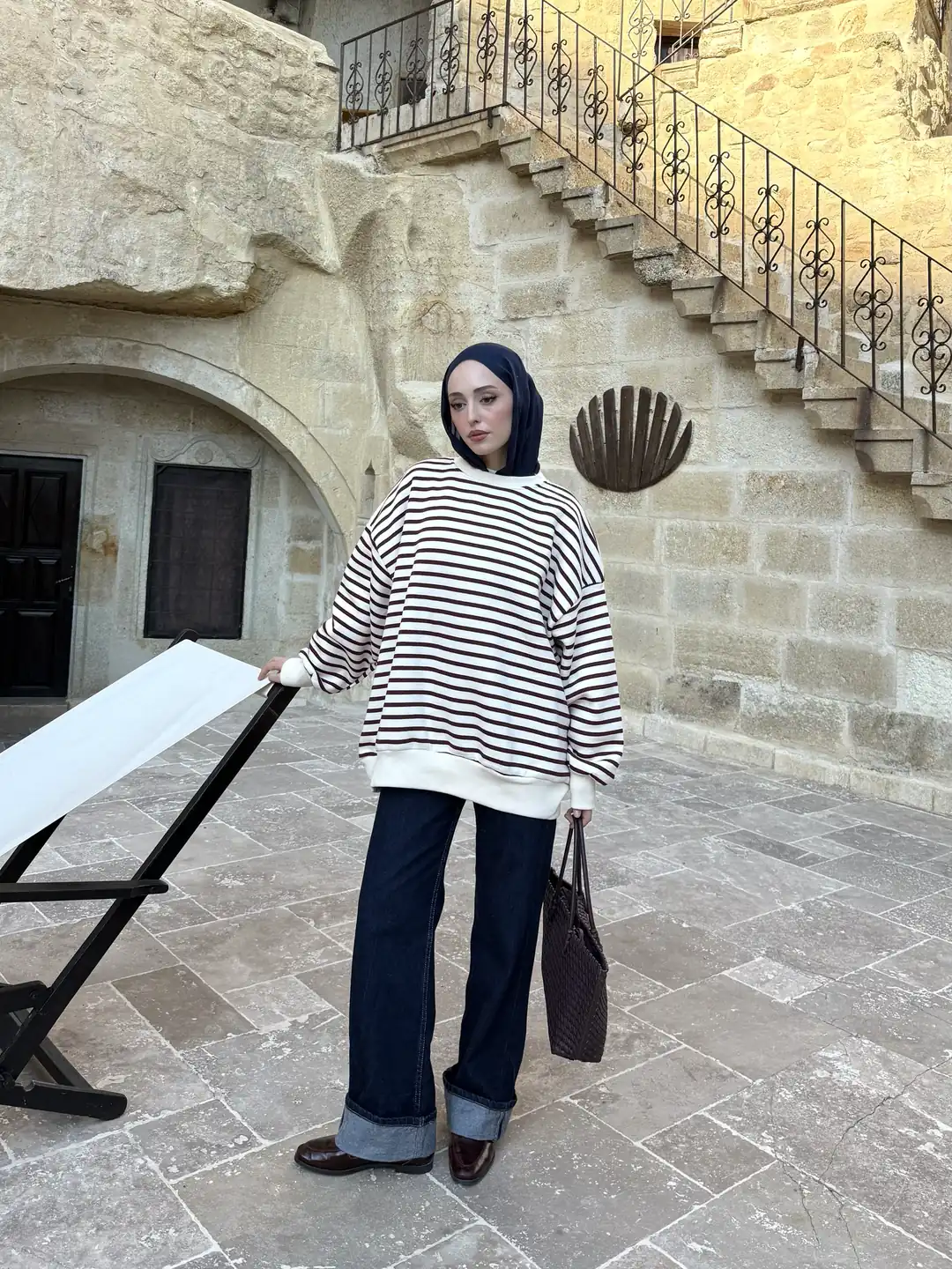 Çizgili Oversize Sweatshirt Bordo - Görsel 3