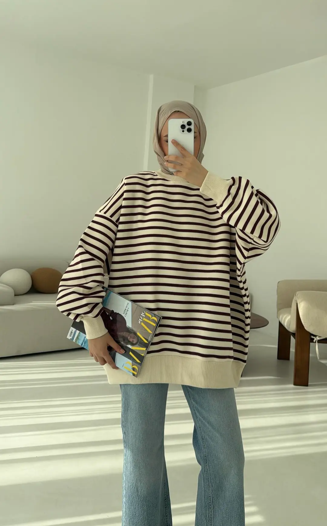 Çizgili Oversize Sweatshirt Bordo