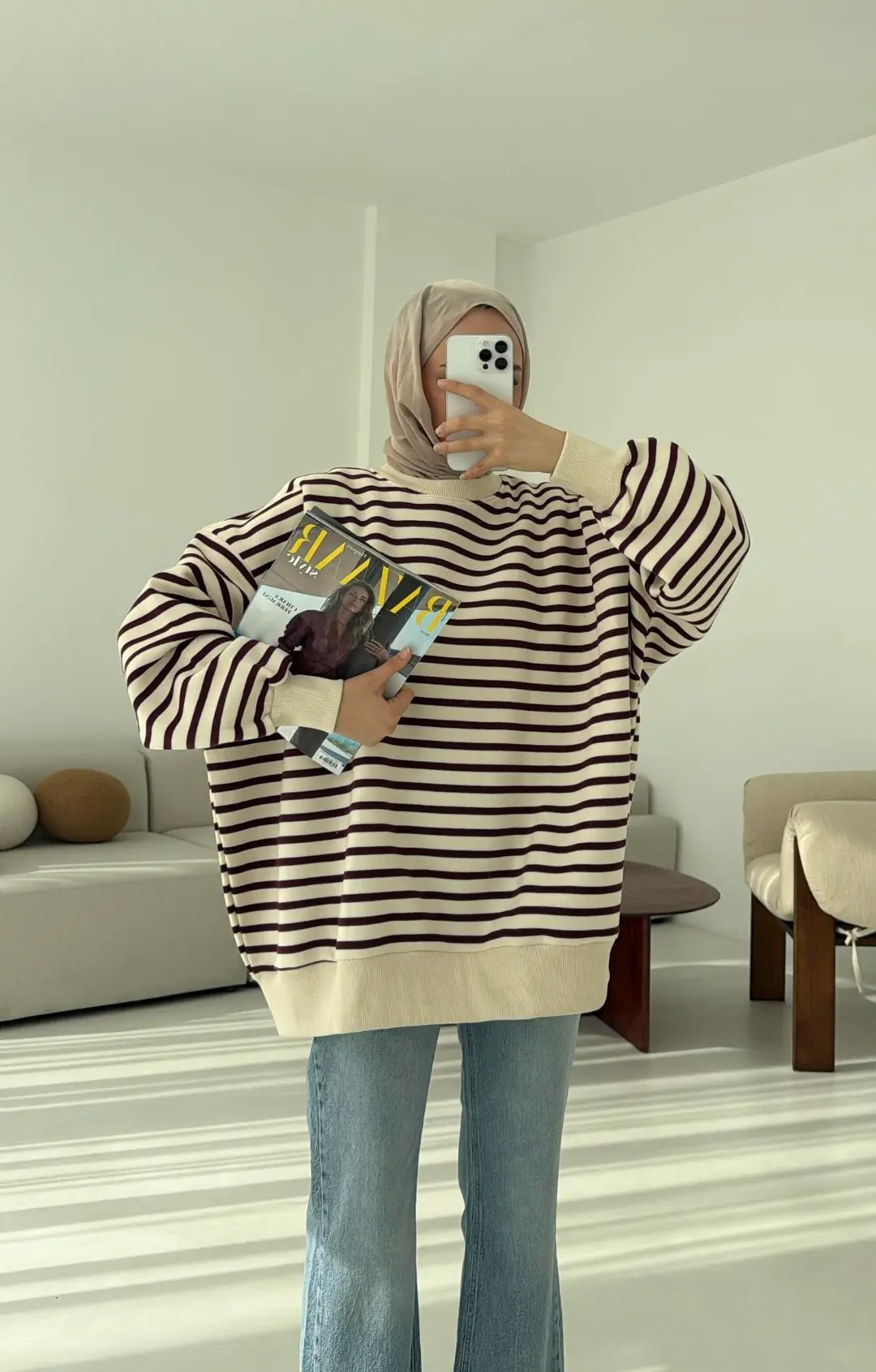 Çizgili Oversize Sweatshirt Bordo - Görsel 6