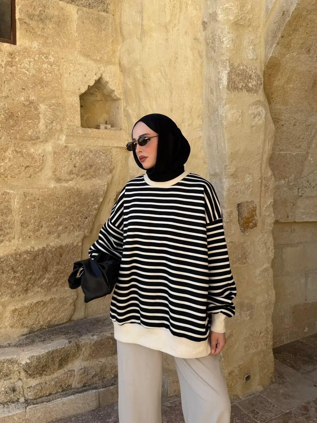Çizgili Oversize Sweatshirt Ekru