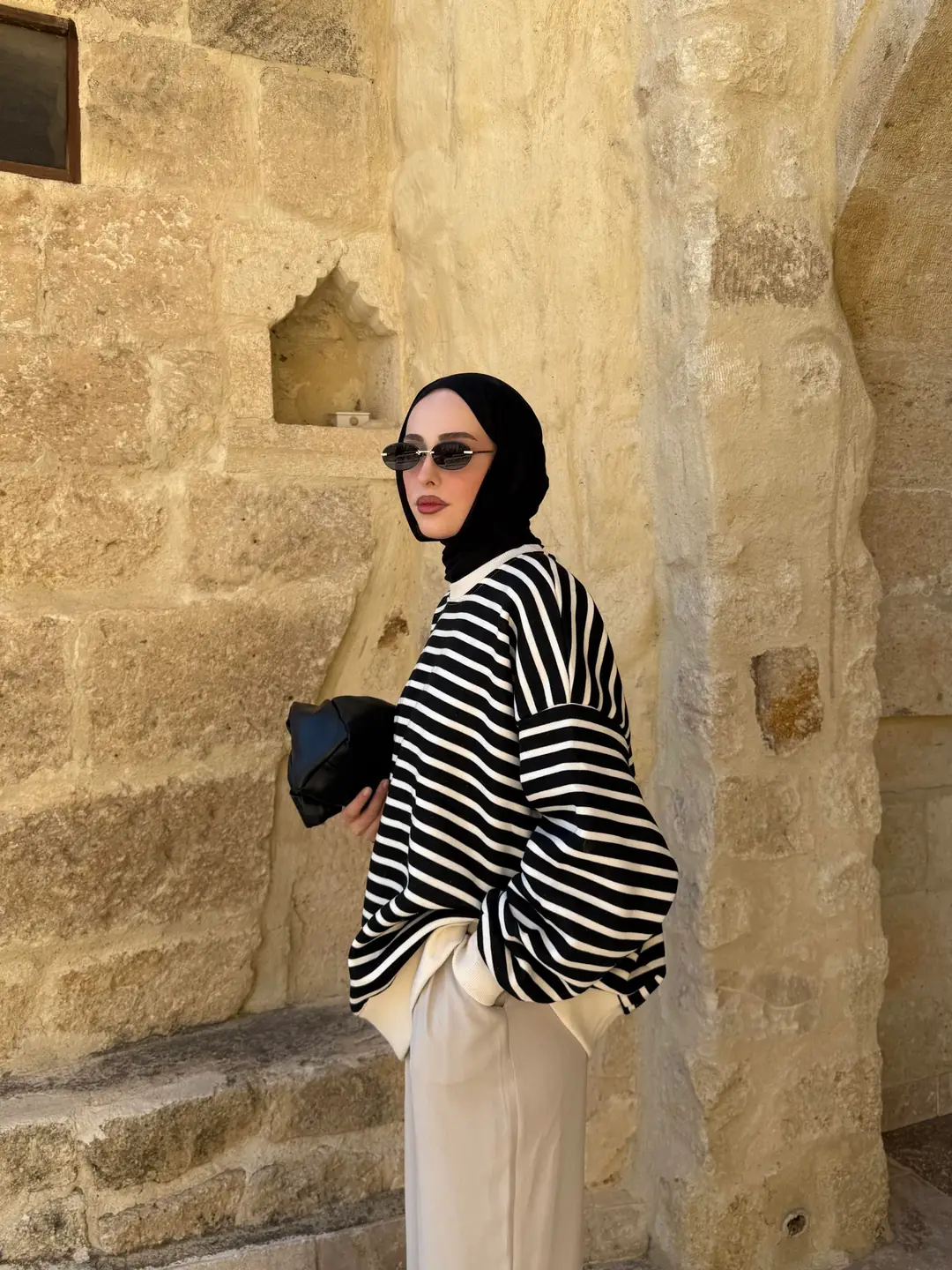 Çizgili Oversize Sweatshirt Ekru - Görsel 3