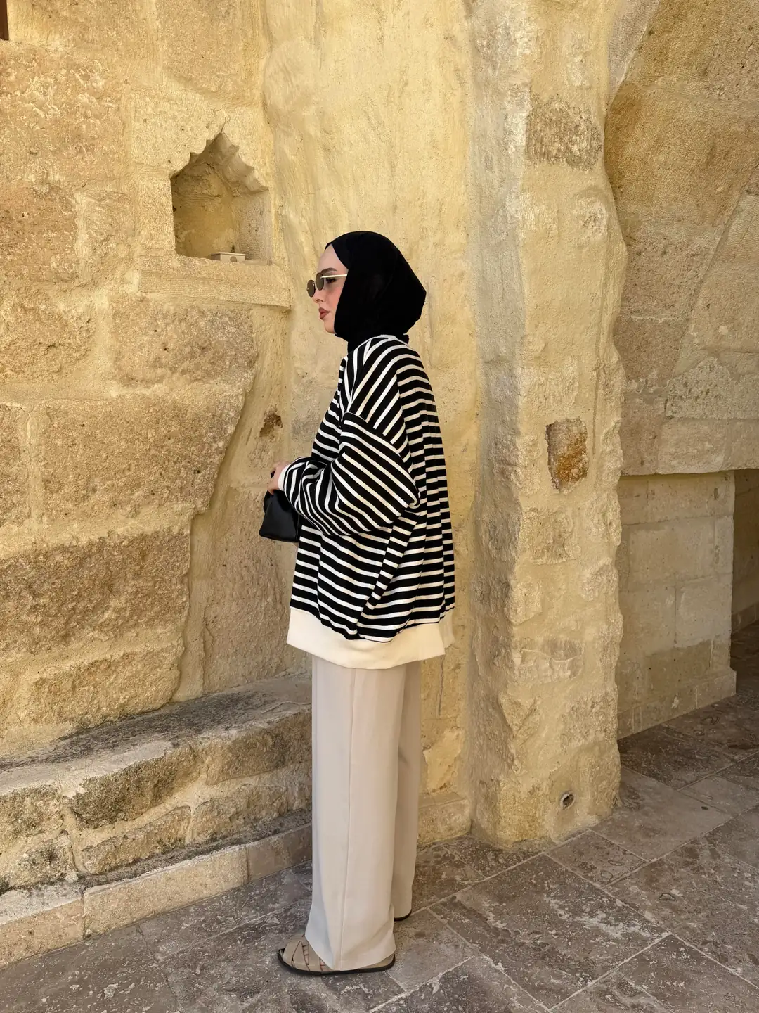 Çizgili Oversize Sweatshirt Ekru - Görsel 7