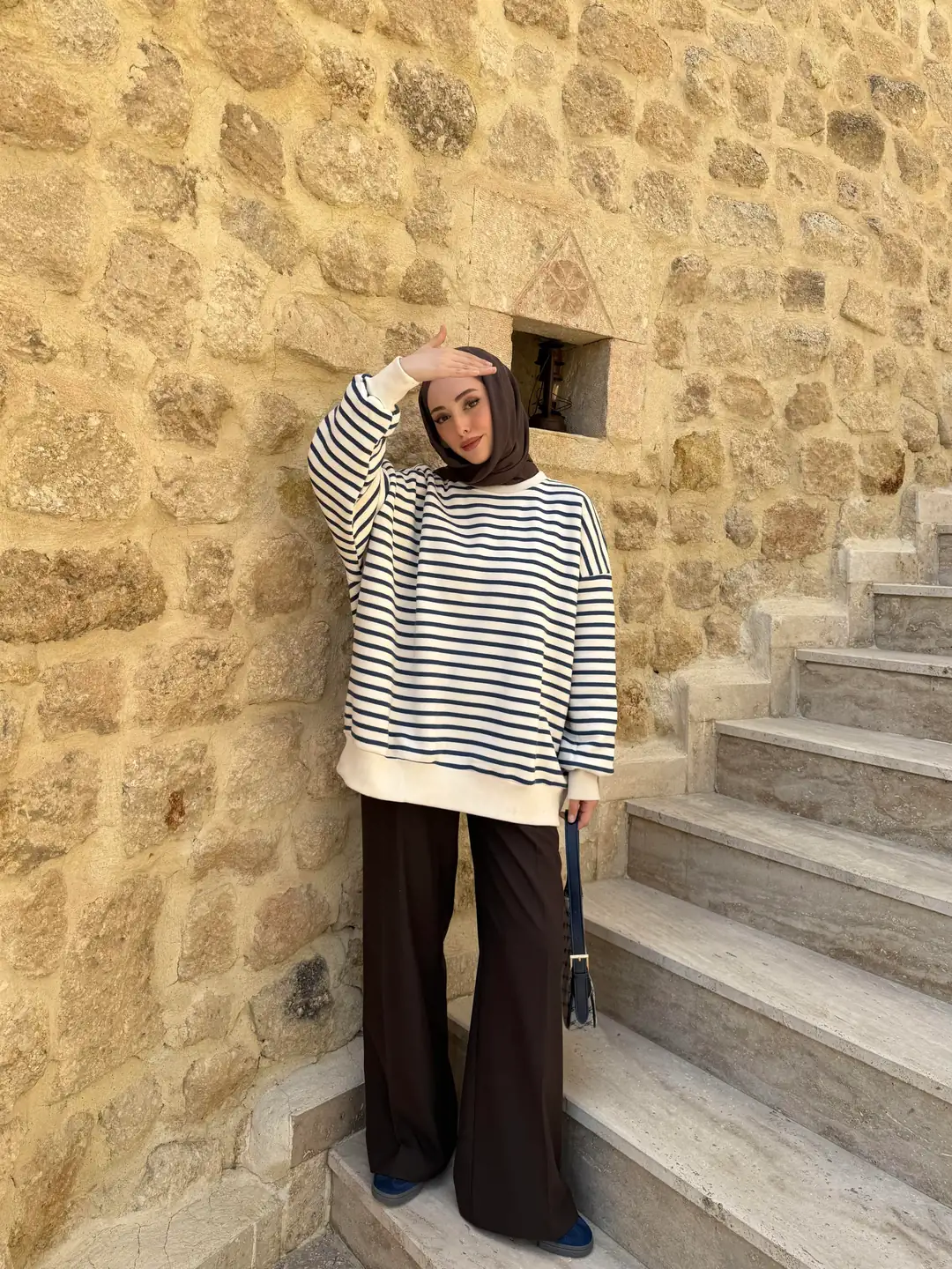 Çizgili Oversize Sweatshirt Lacivert - Görsel 5