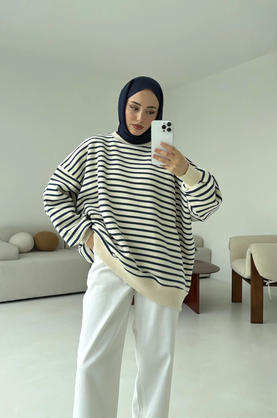 Çizgili Oversize Sweatshirt Lacivert