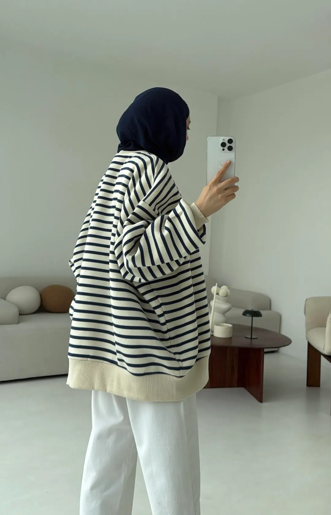 Çizgili Oversize Sweatshirt Lacivert - Görsel 2