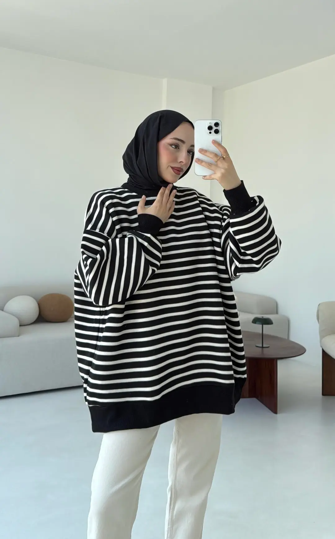 Çizgili Oversize Sweatshirt Siyah - Görsel 5