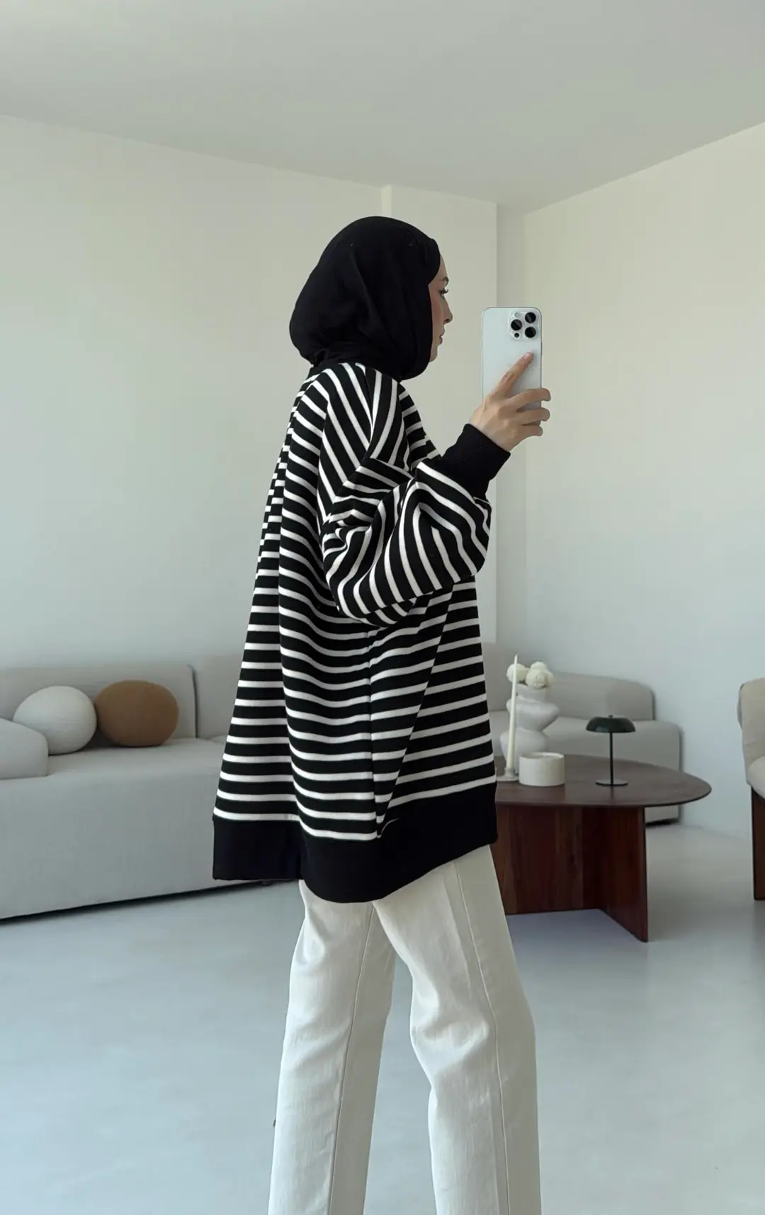 Çizgili Oversize Sweatshirt Siyah - Görsel 7