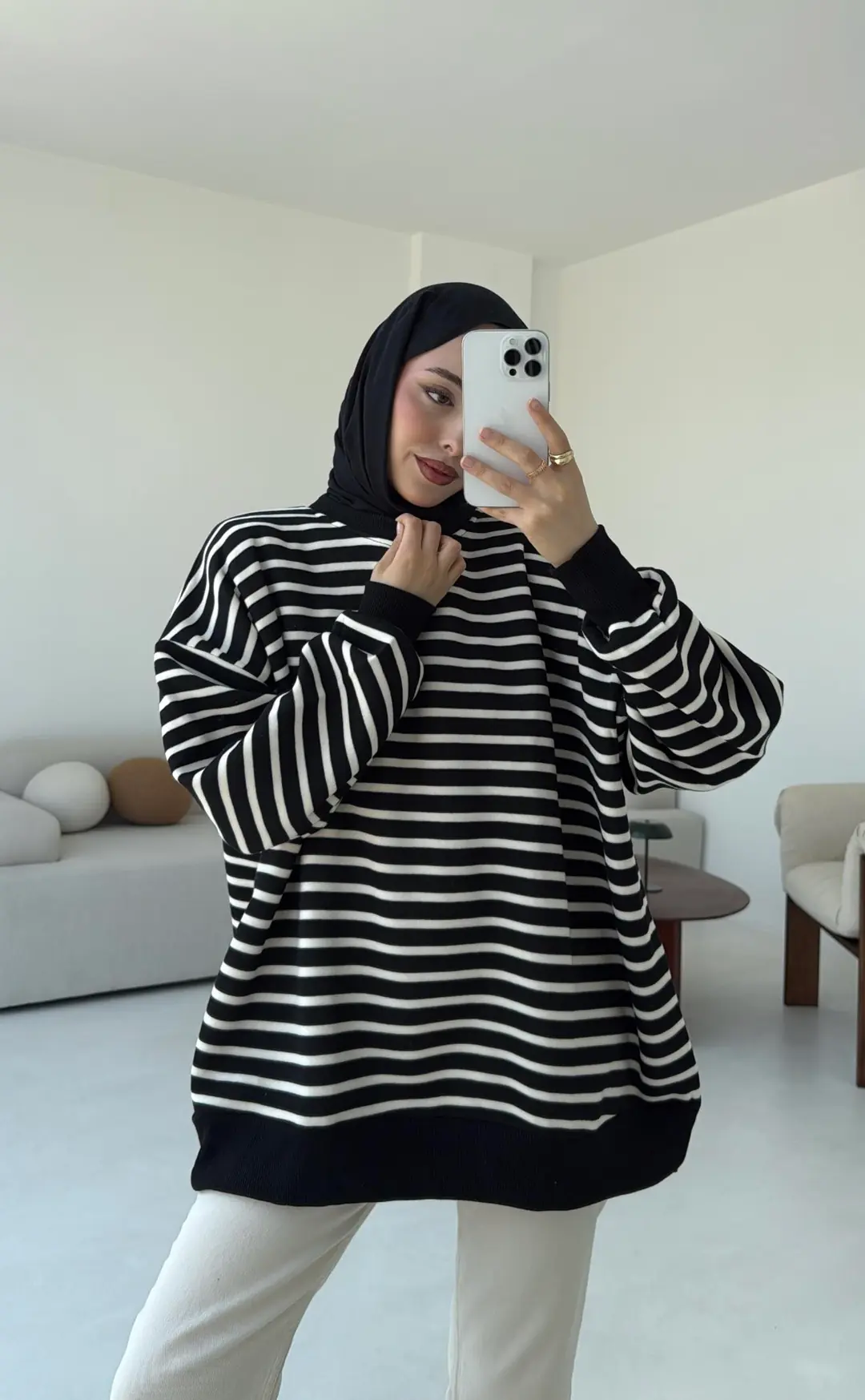 Çizgili Oversize Sweatshirt Siyah - Görsel 8