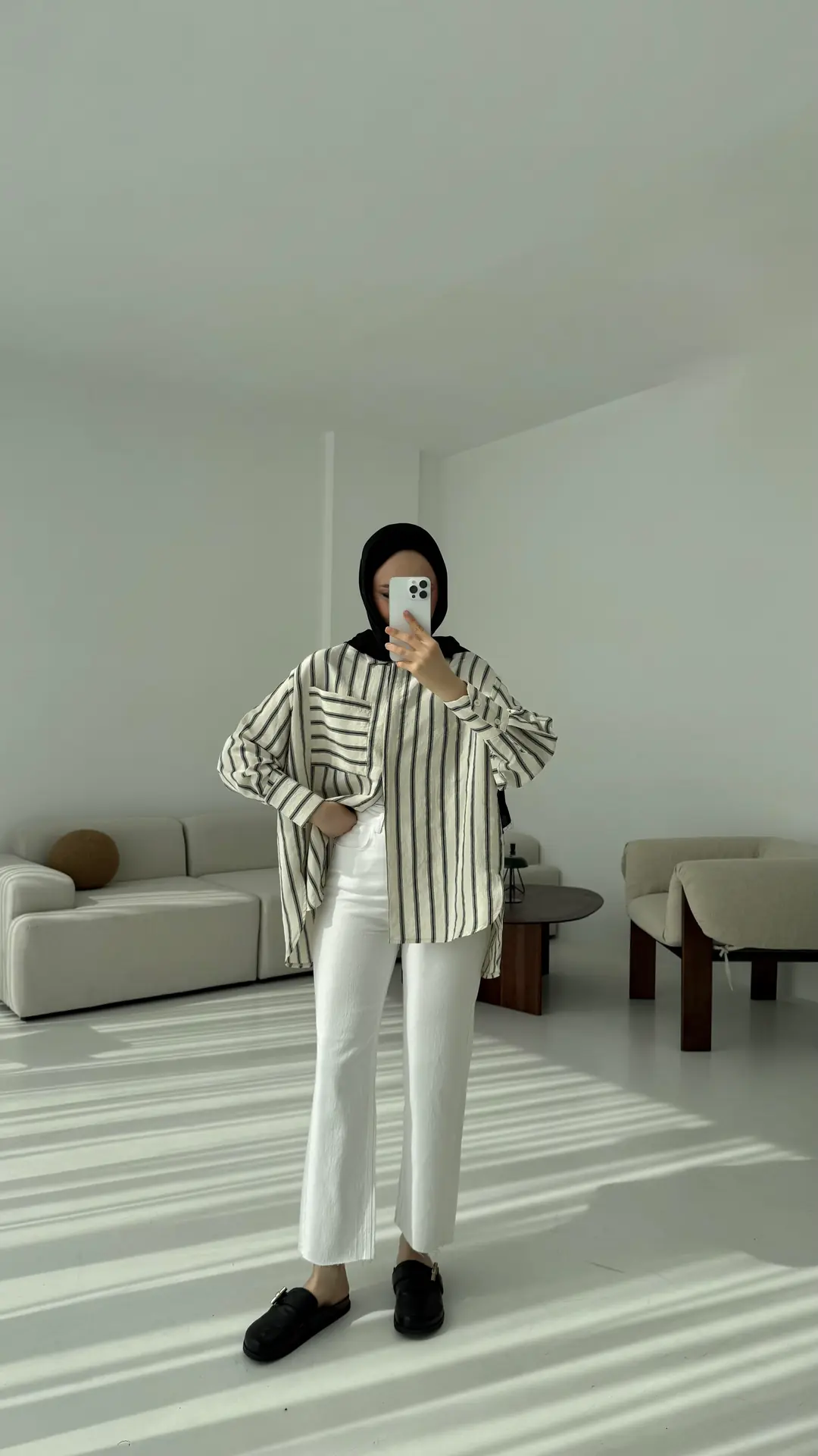 Çizgili Tek Cep Oversize Gömlek Beyaz - Görsel 2