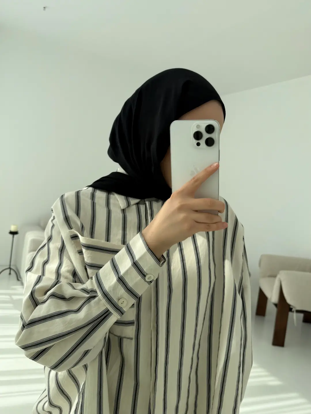 Çizgili Tek Cep Oversize Gömlek Beyaz - Görsel 3