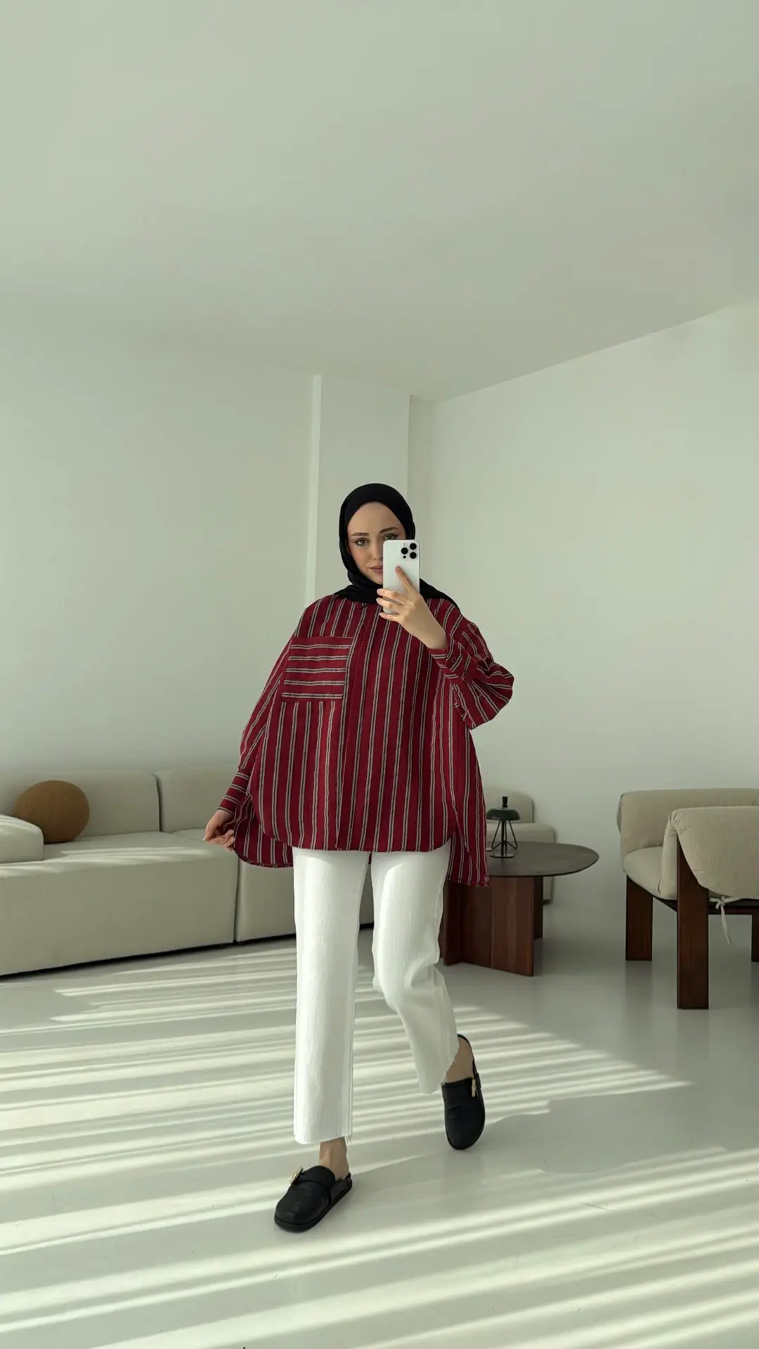 Çizgili Tek Cep Oversize Gömlek Bordo - Görsel 2