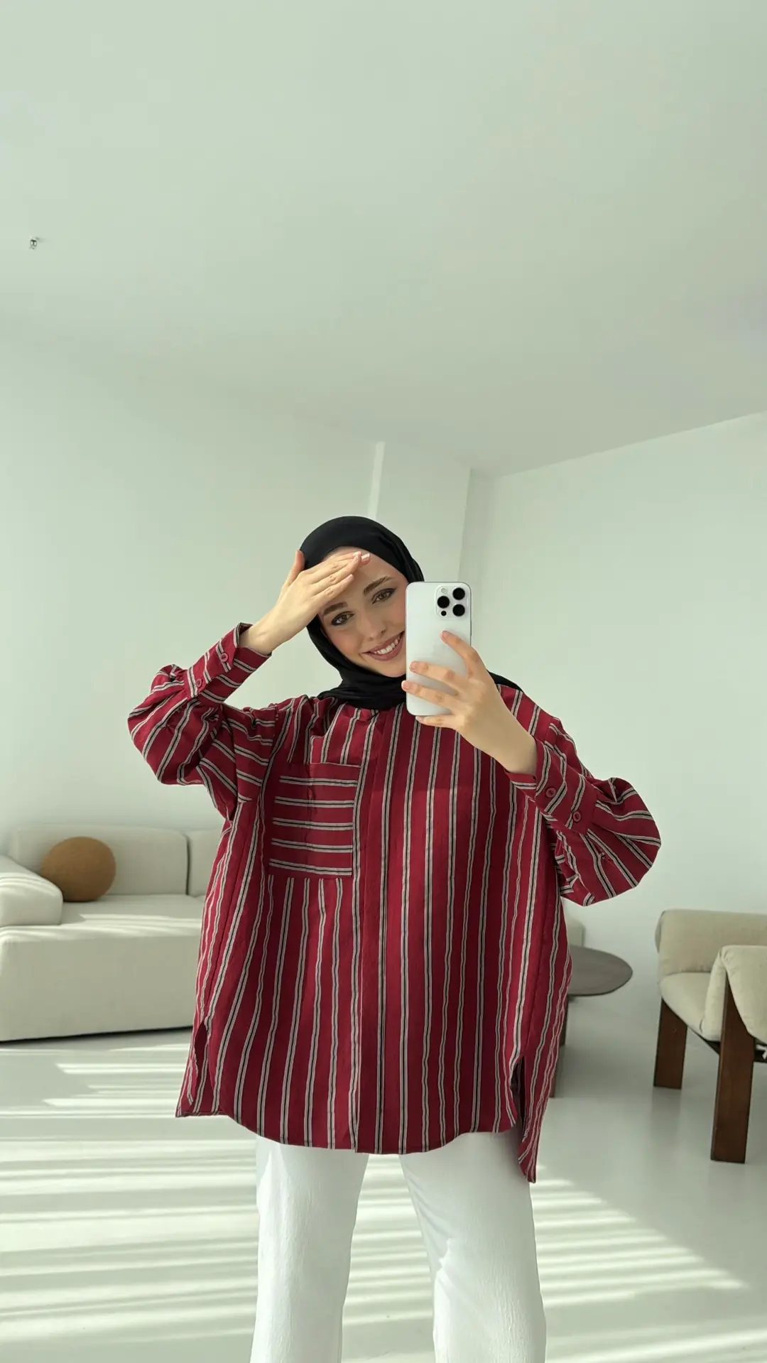 Çizgili Tek Cep Oversize Gömlek Bordo - Görsel 5