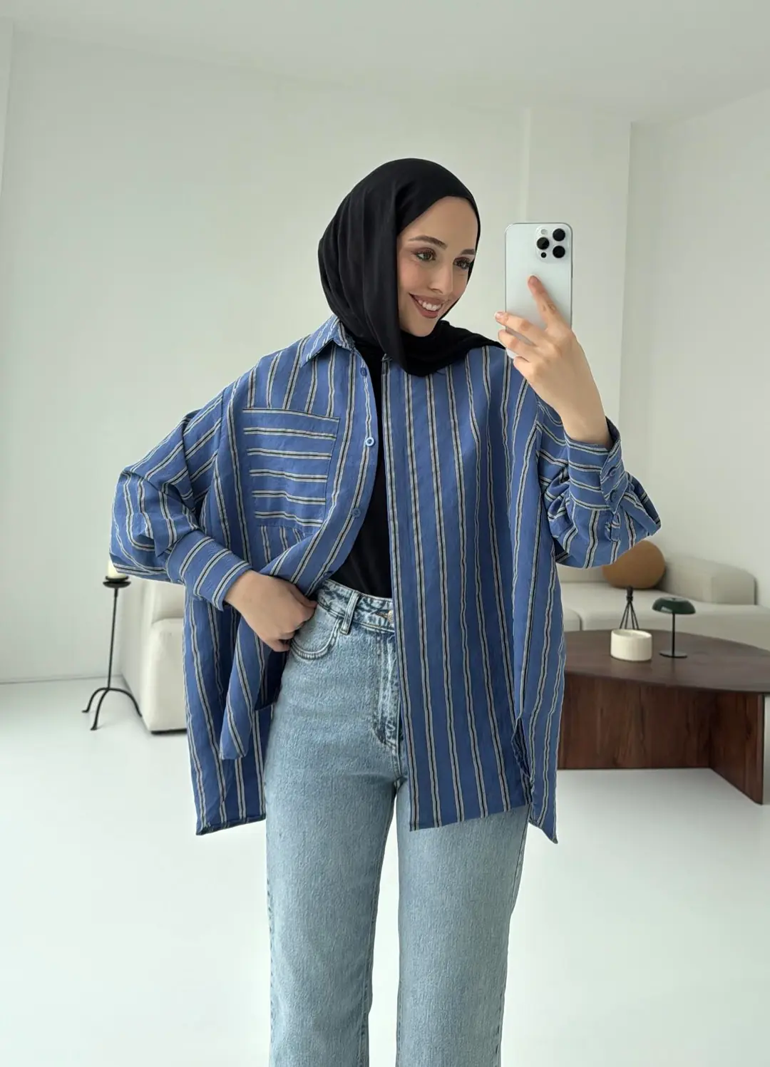 Çizgili Tek Cep Oversize Gömlek Lacivert