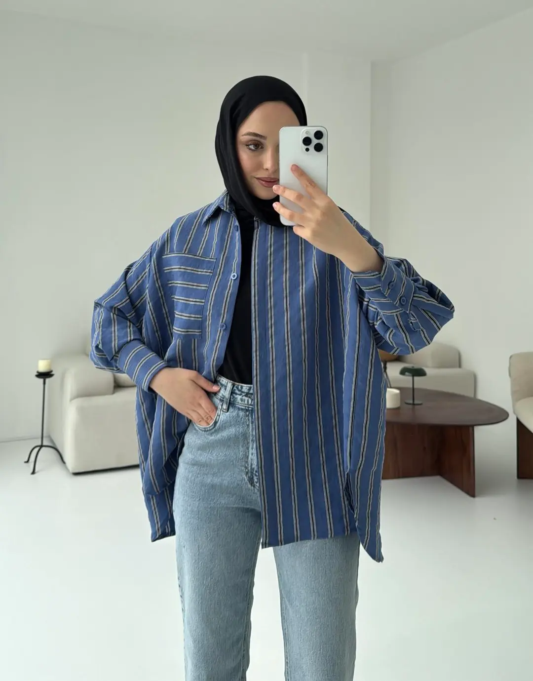 Çizgili Tek Cep Oversize Gömlek Lacivert - Görsel 2