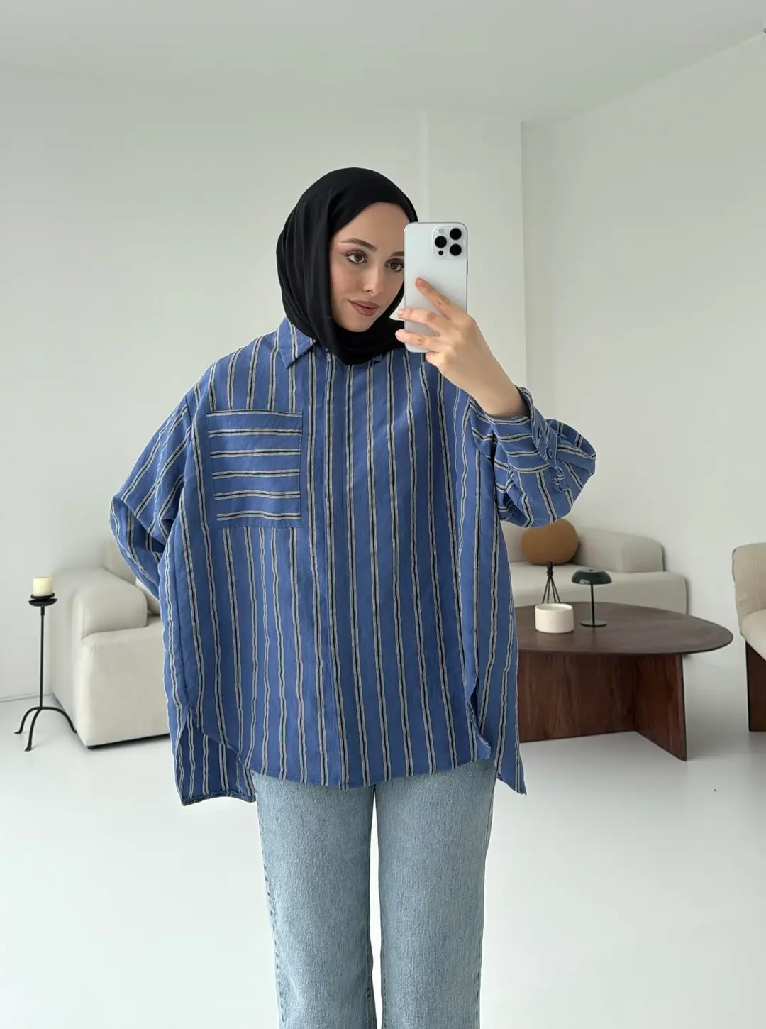 Çizgili Tek Cep Oversize Gömlek Lacivert - Görsel 5