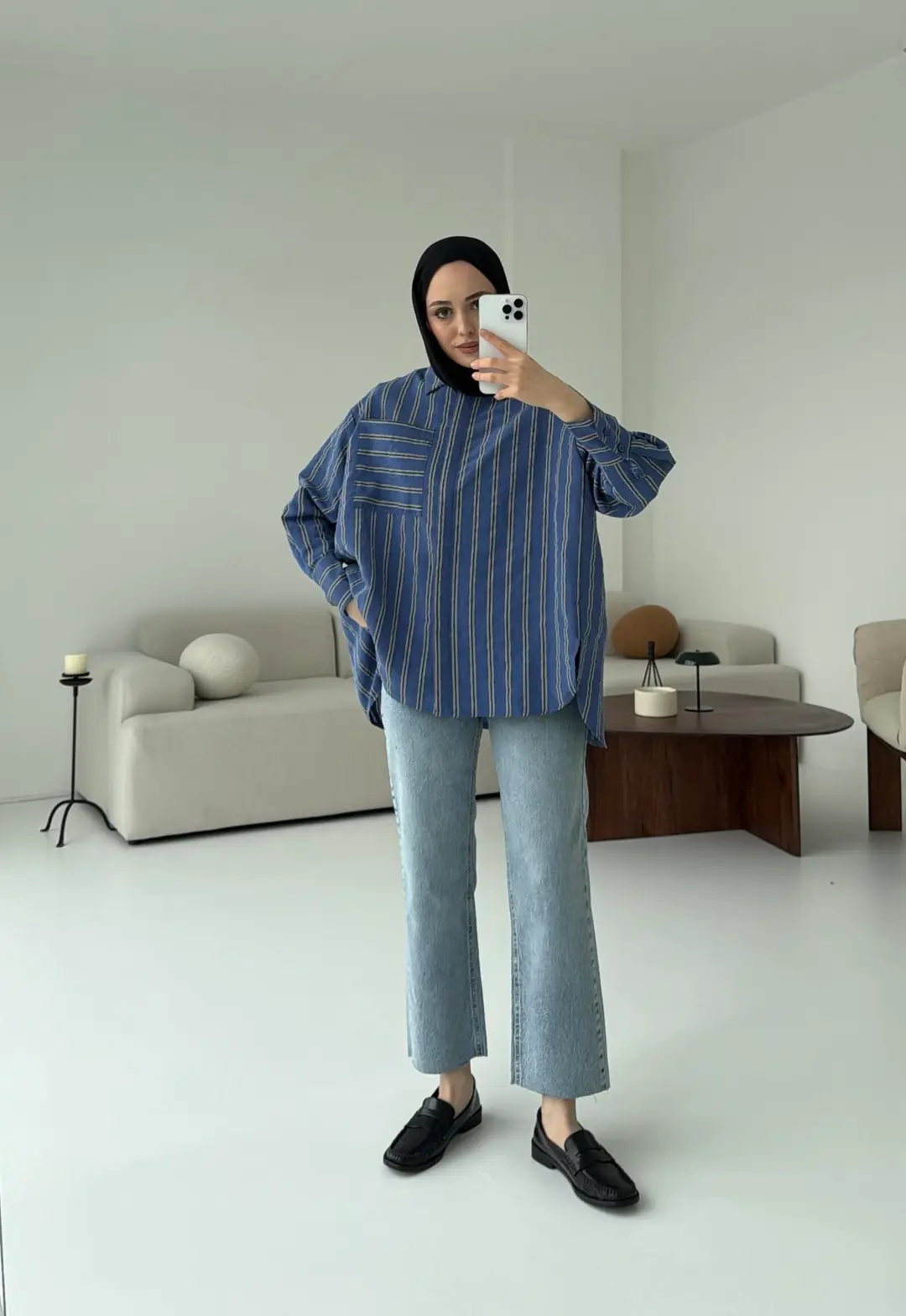 Çizgili Tek Cep Oversize Gömlek Lacivert - Görsel 6