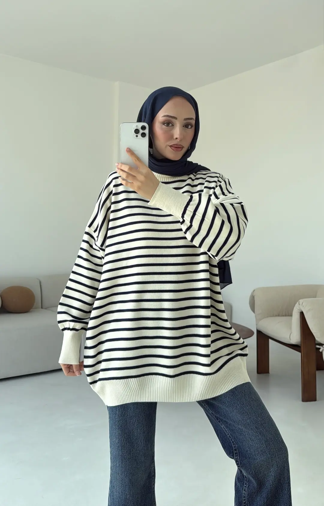 Çizgili Triko Kazak Ekru