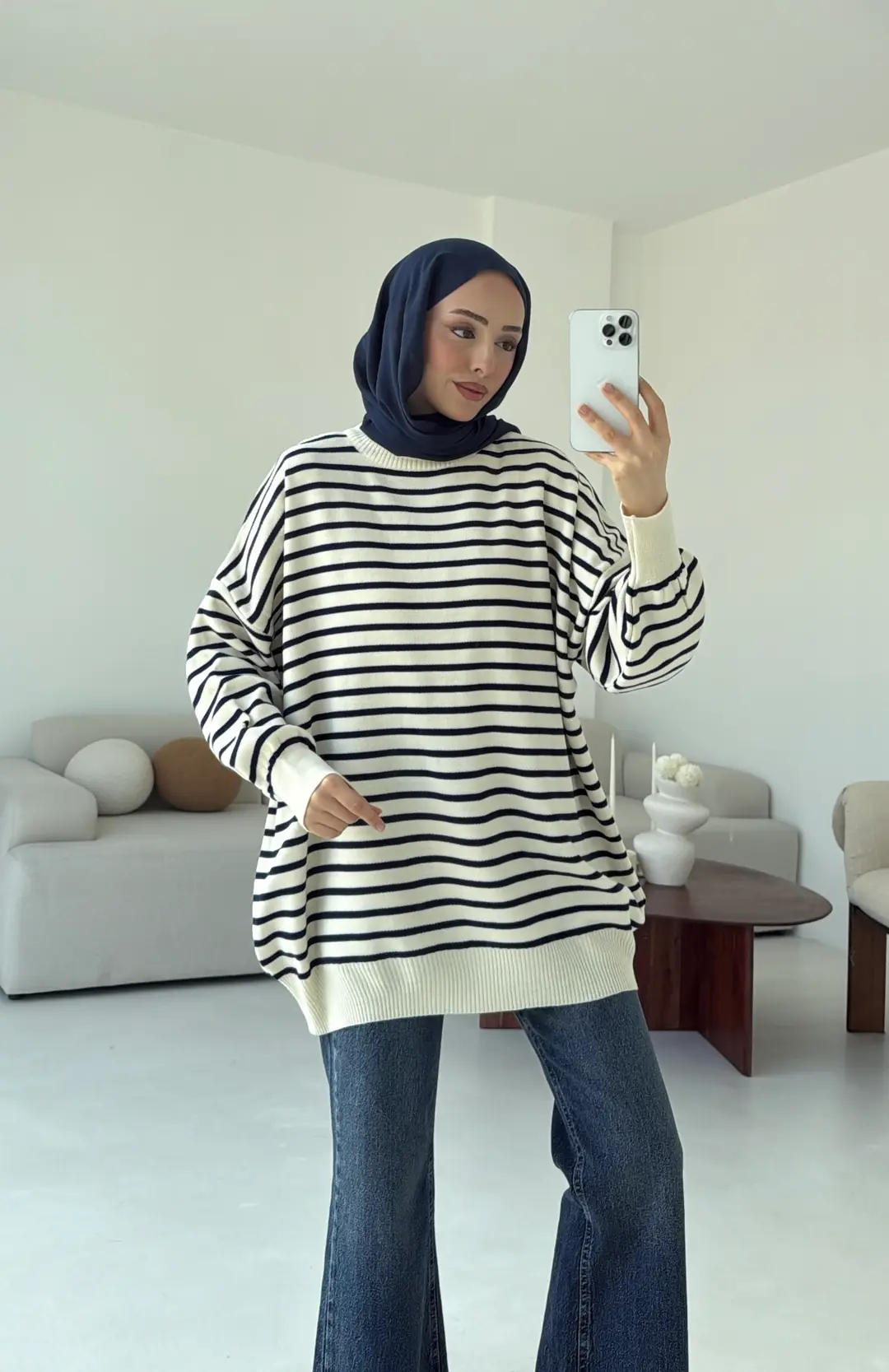 Çizgili Triko Kazak Ekru - Görsel 7