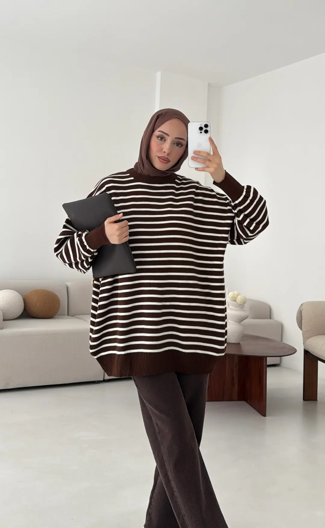 Çizgili Triko Kazak Kahve - Görsel 3