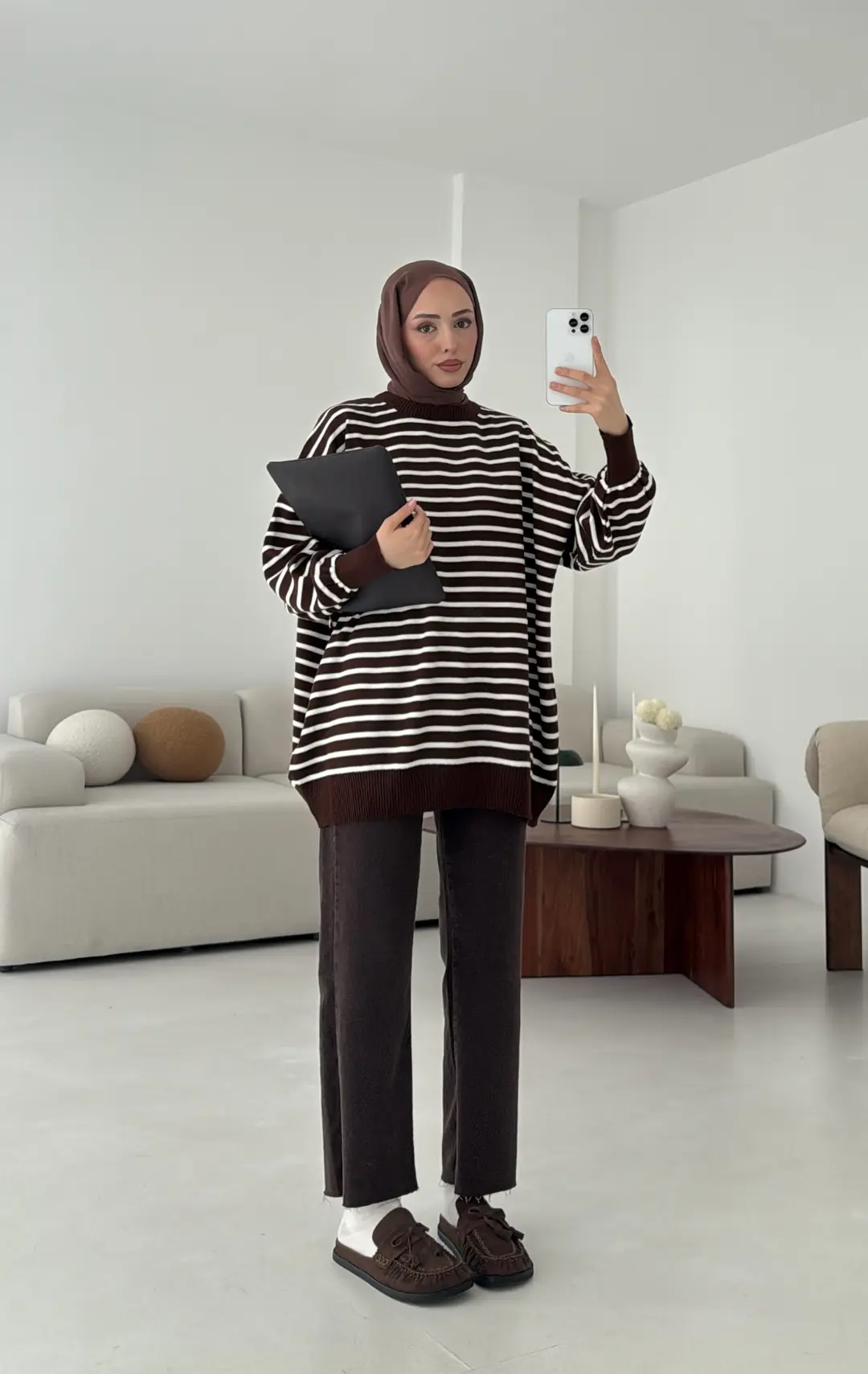 Çizgili Triko Kazak Kahve - Görsel 5