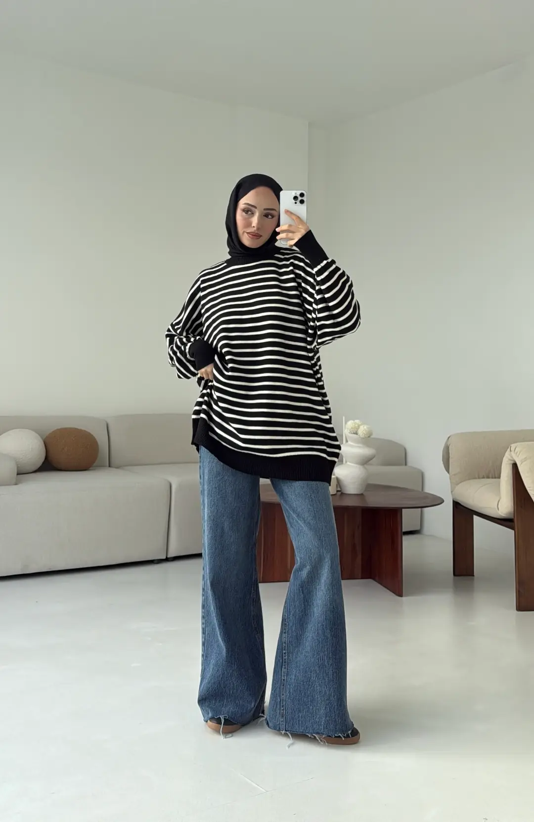 Çizgili Triko Kazak Siyah - Görsel 5