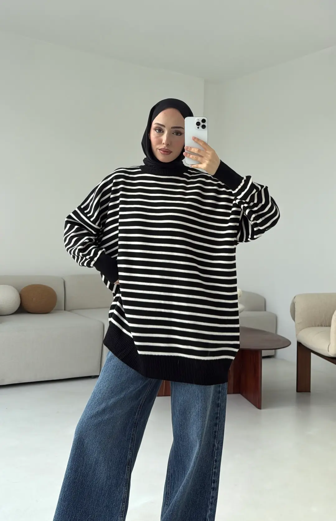Çizgili Triko Kazak Siyah - Görsel 6