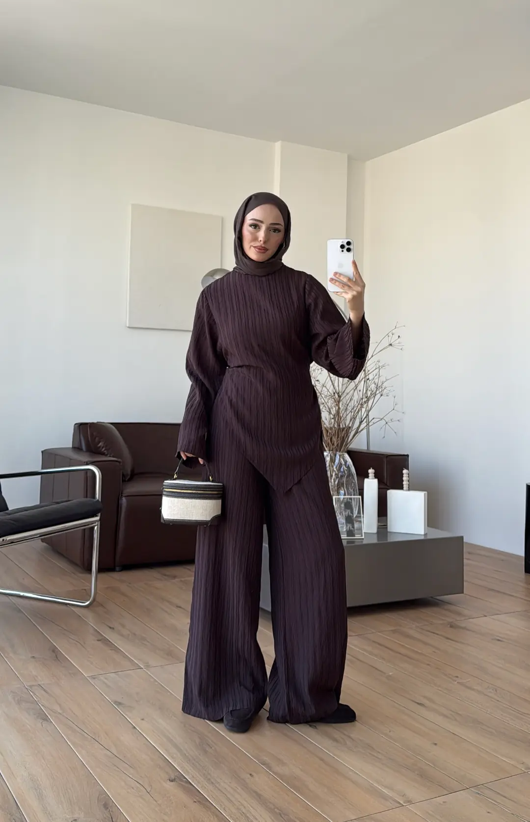 Çizgili Tunikli Takım Kahve