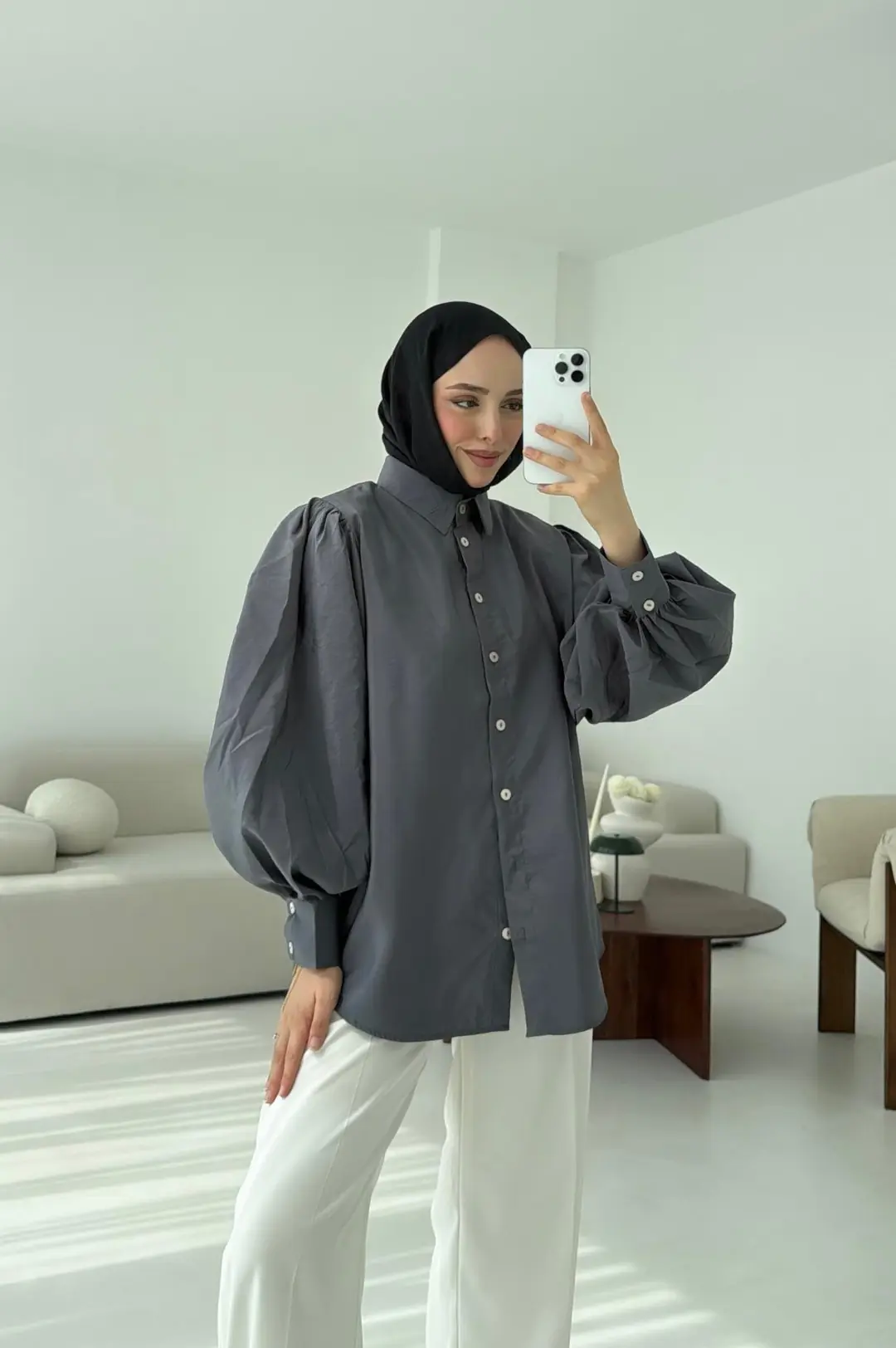 Cotton Balon Kol Gömlek Gri