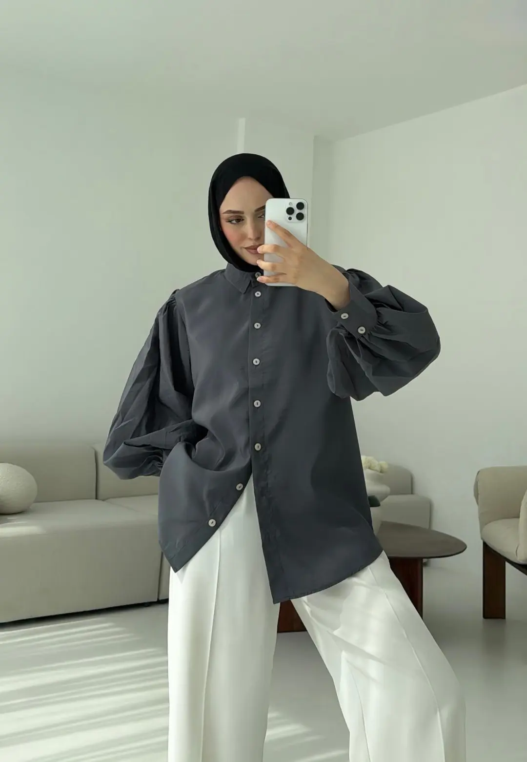 Cotton Balon Kol Gömlek Gri - Görsel 2