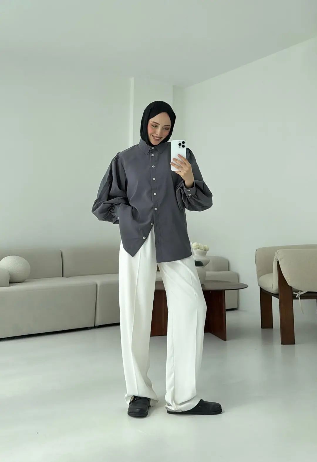 Cotton Balon Kol Gömlek Gri - Görsel 3