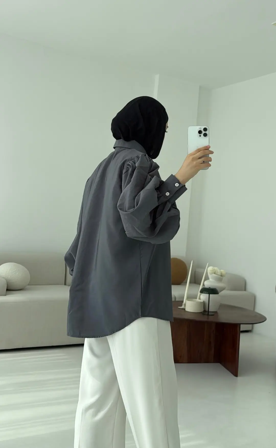 Cotton Balon Kol Gömlek Gri - Görsel 4