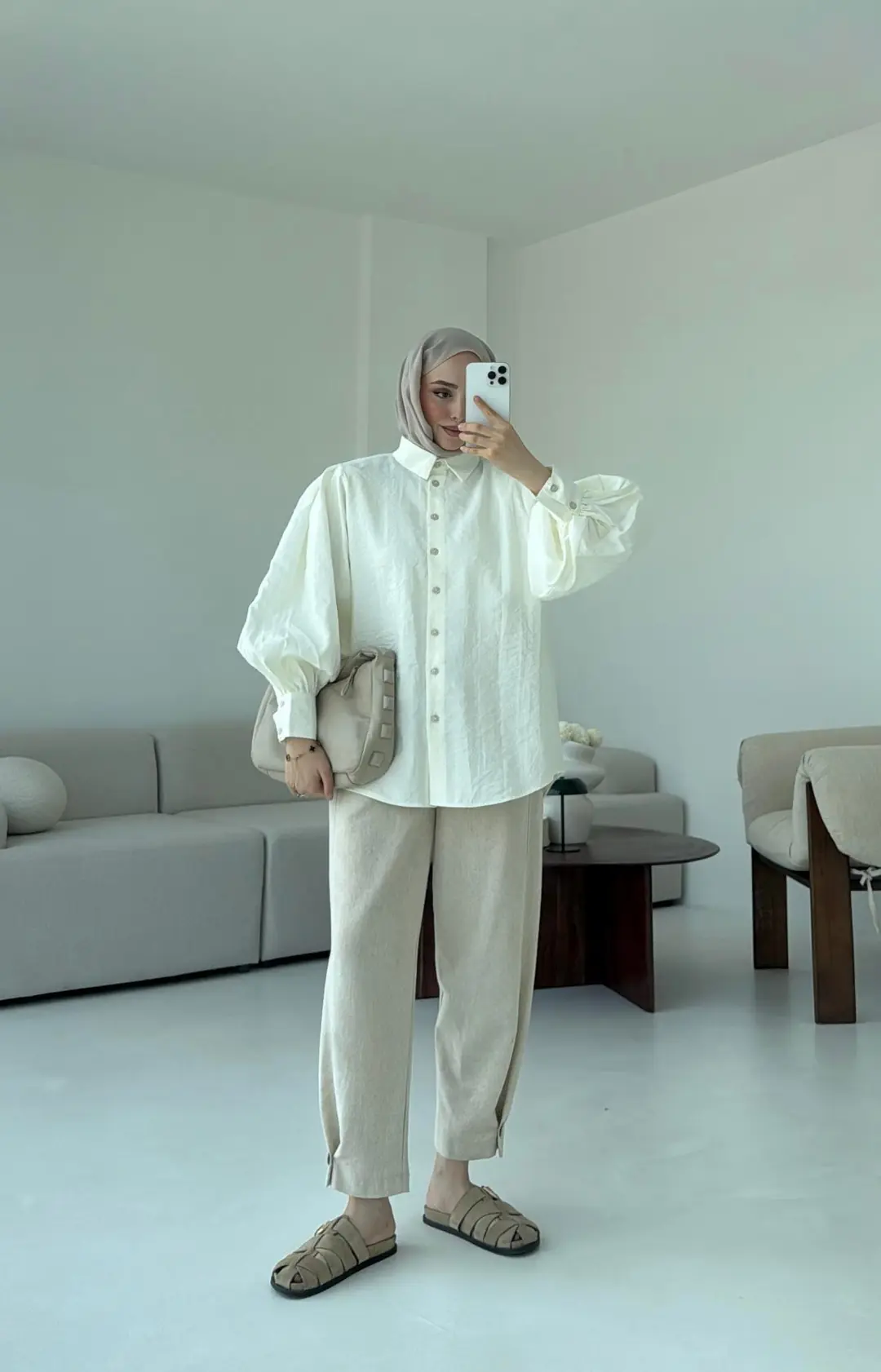 Cotton Balon Kol Gömlek Krem