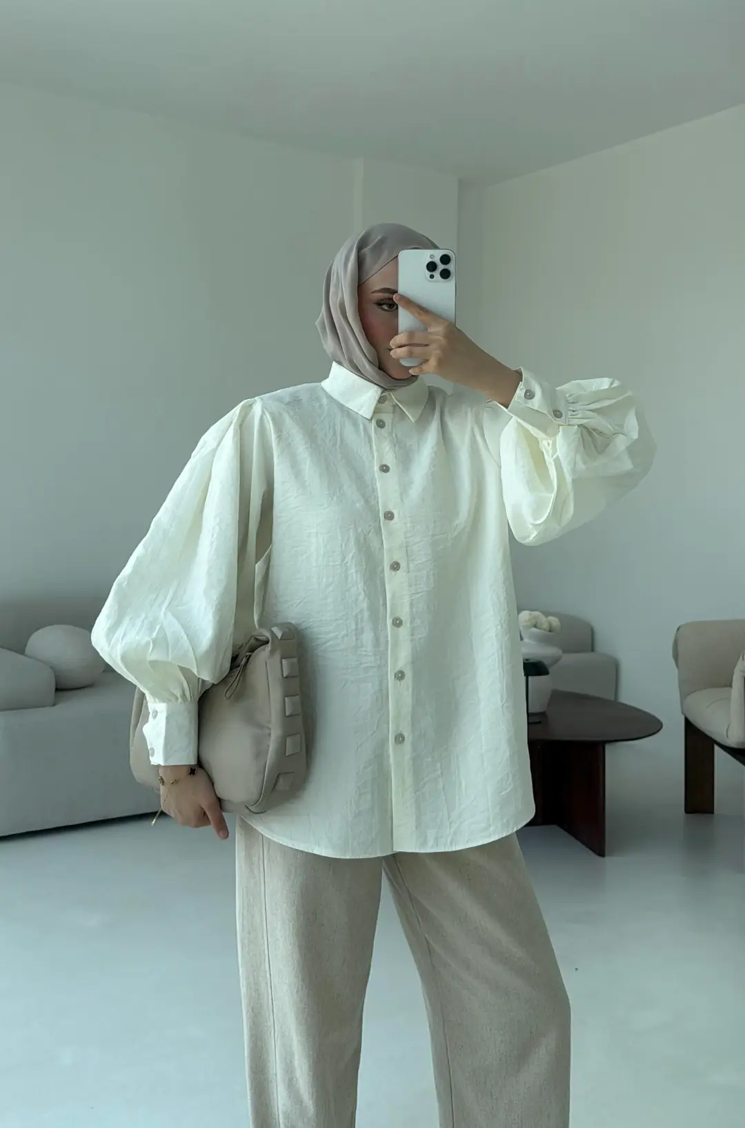 Cotton Balon Kol Gömlek Krem - Görsel 3