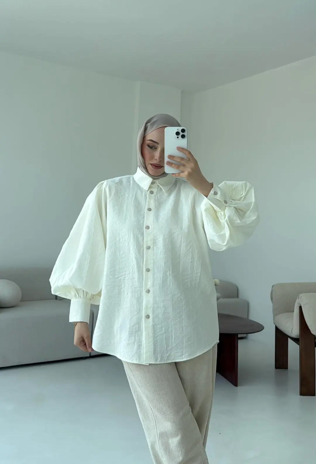 Cotton Balon Kol Gömlek Krem - Görsel 4