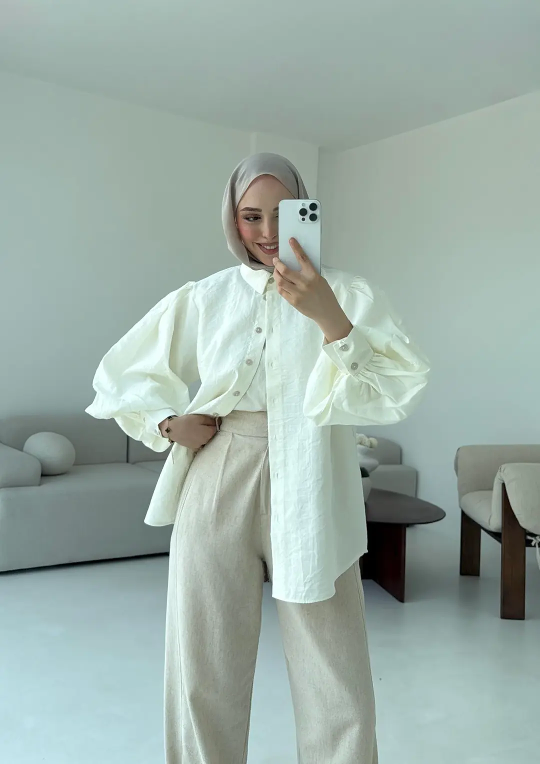 Cotton Balon Kol Gömlek Krem - Görsel 5