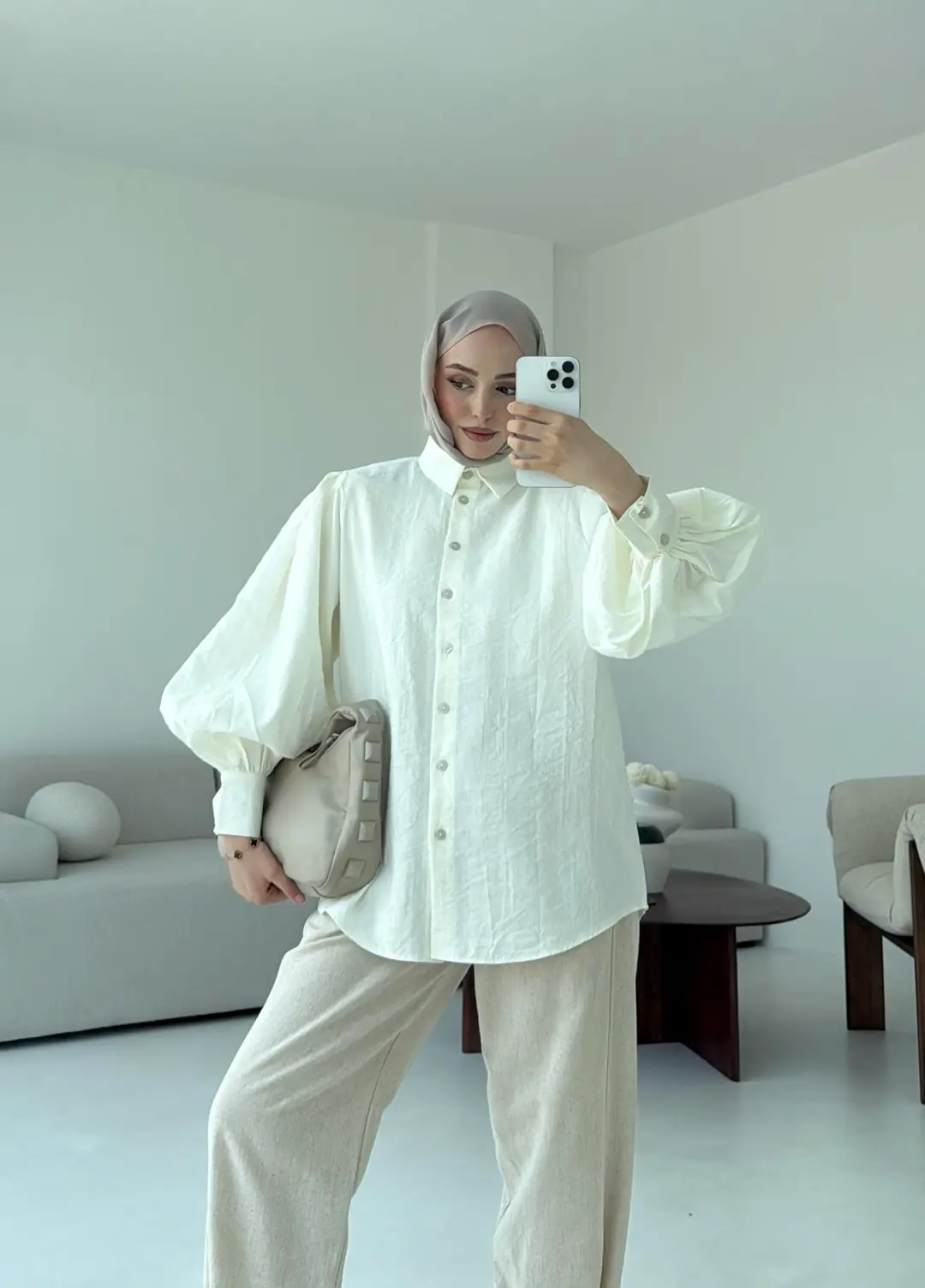 Cotton Balon Kol Gömlek Krem - Görsel 7